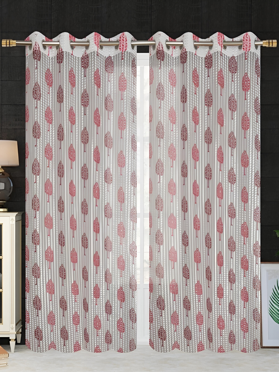 COMFY HOME Maroon & White 2 Pieces Floral Sheer Window Curtains