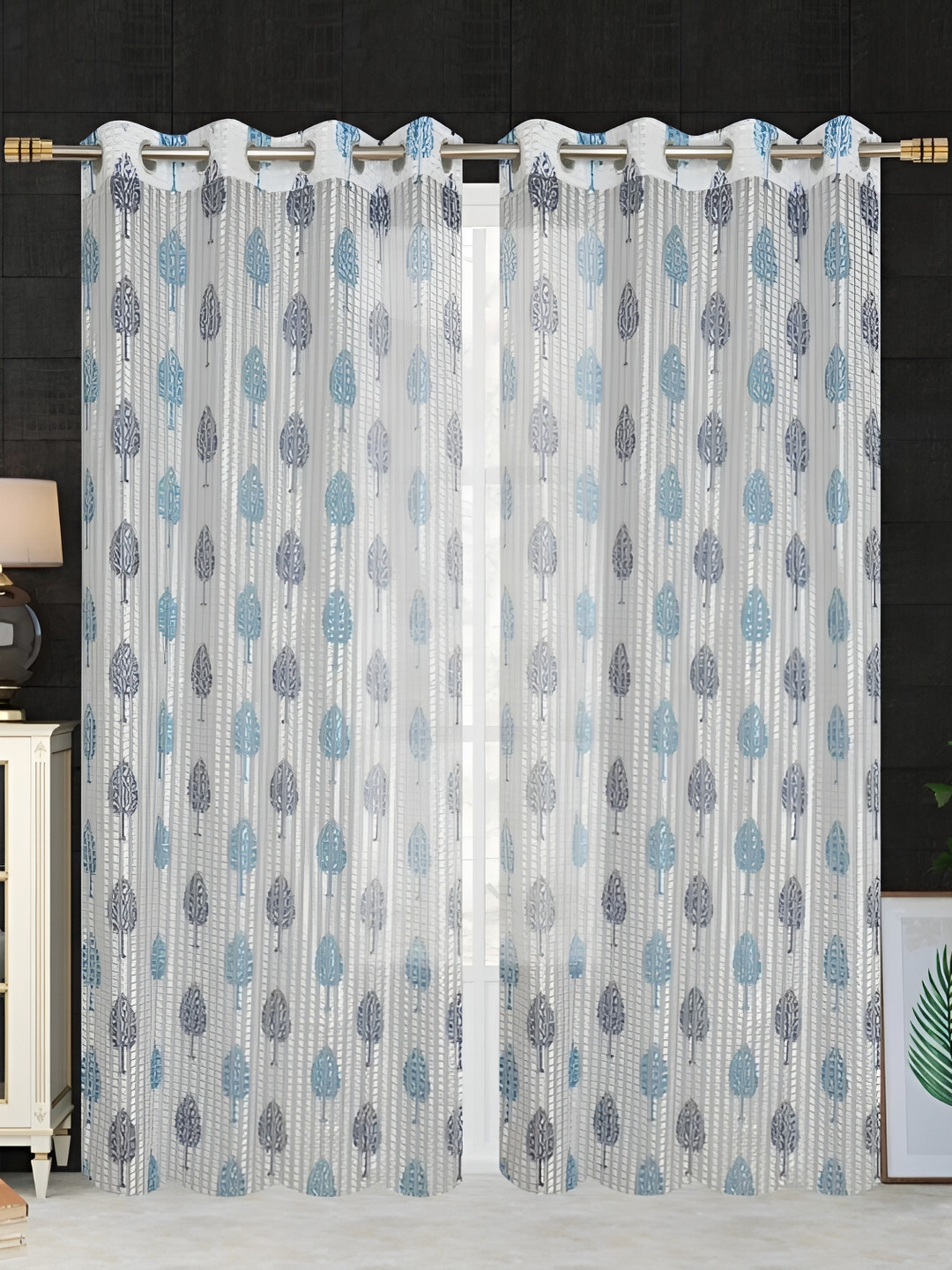 COMFY HOME Blue & White 2 Pieces Floral Sheer Window Curtains