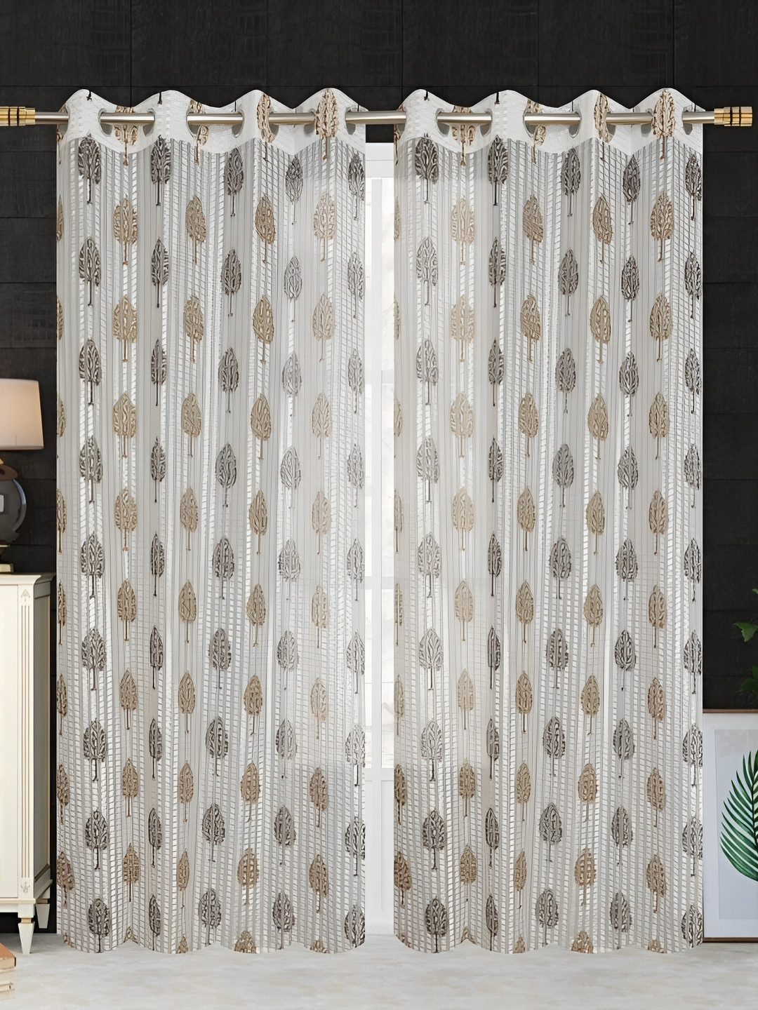 COMFY HOME Brown & White 2 Pieces Floral Sheer Long Door Curtains
