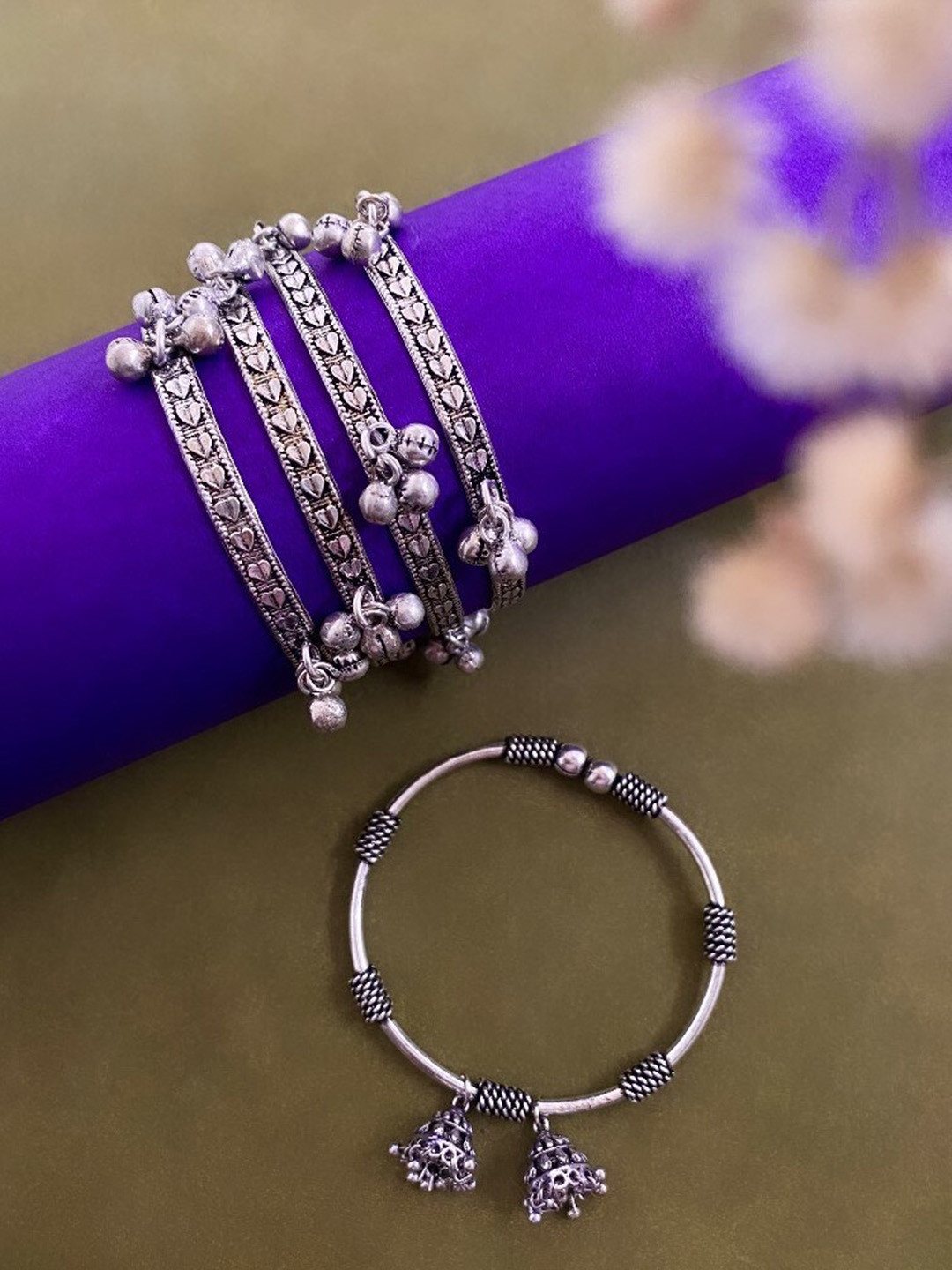 ATIBELLE Set Of 5 German Silver Plated Ghunghroo Stone Studded Bangles