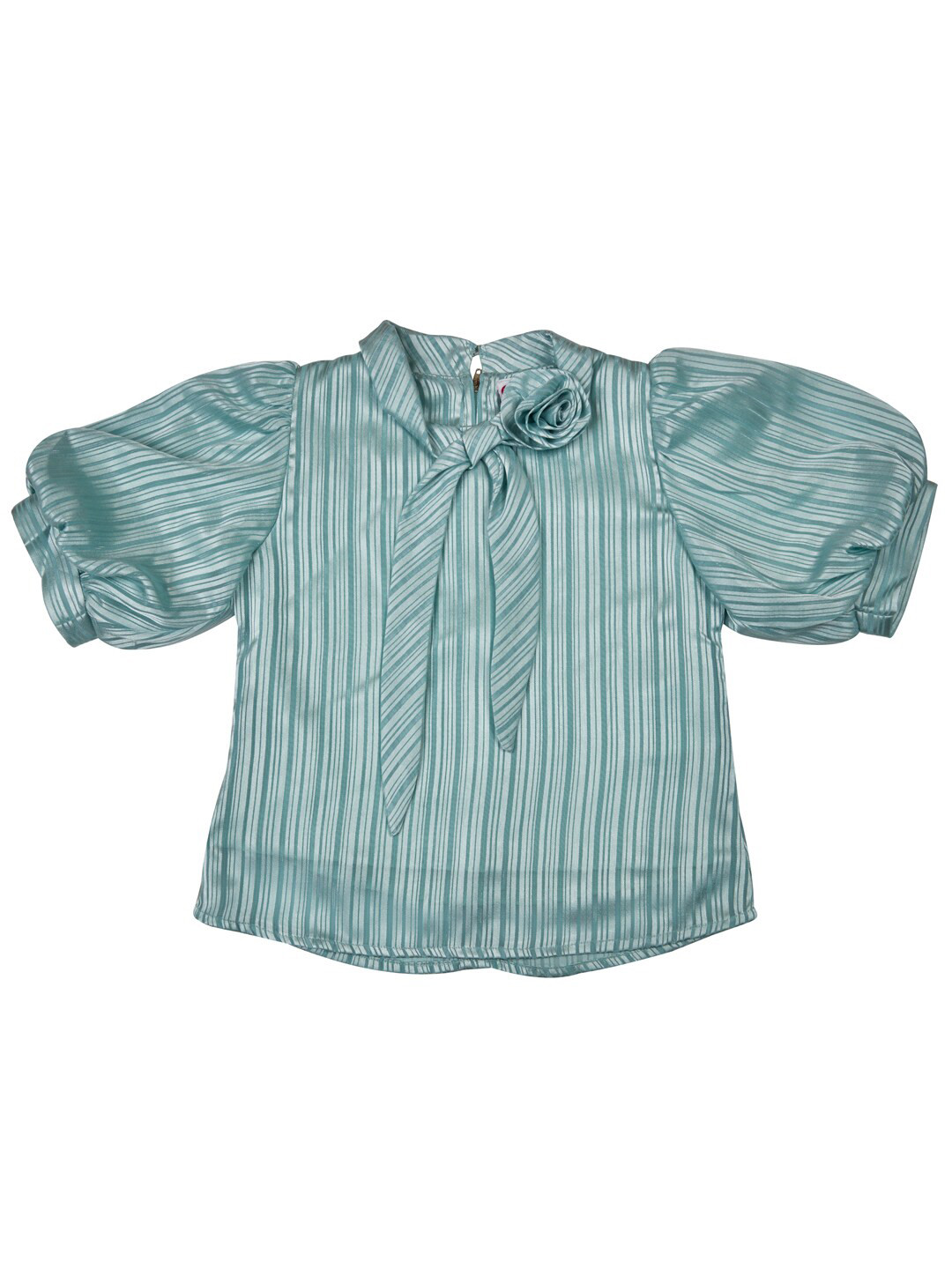 Peppermint Girls Vertical Striped Tie-Up Neck Puff Sleeves Top