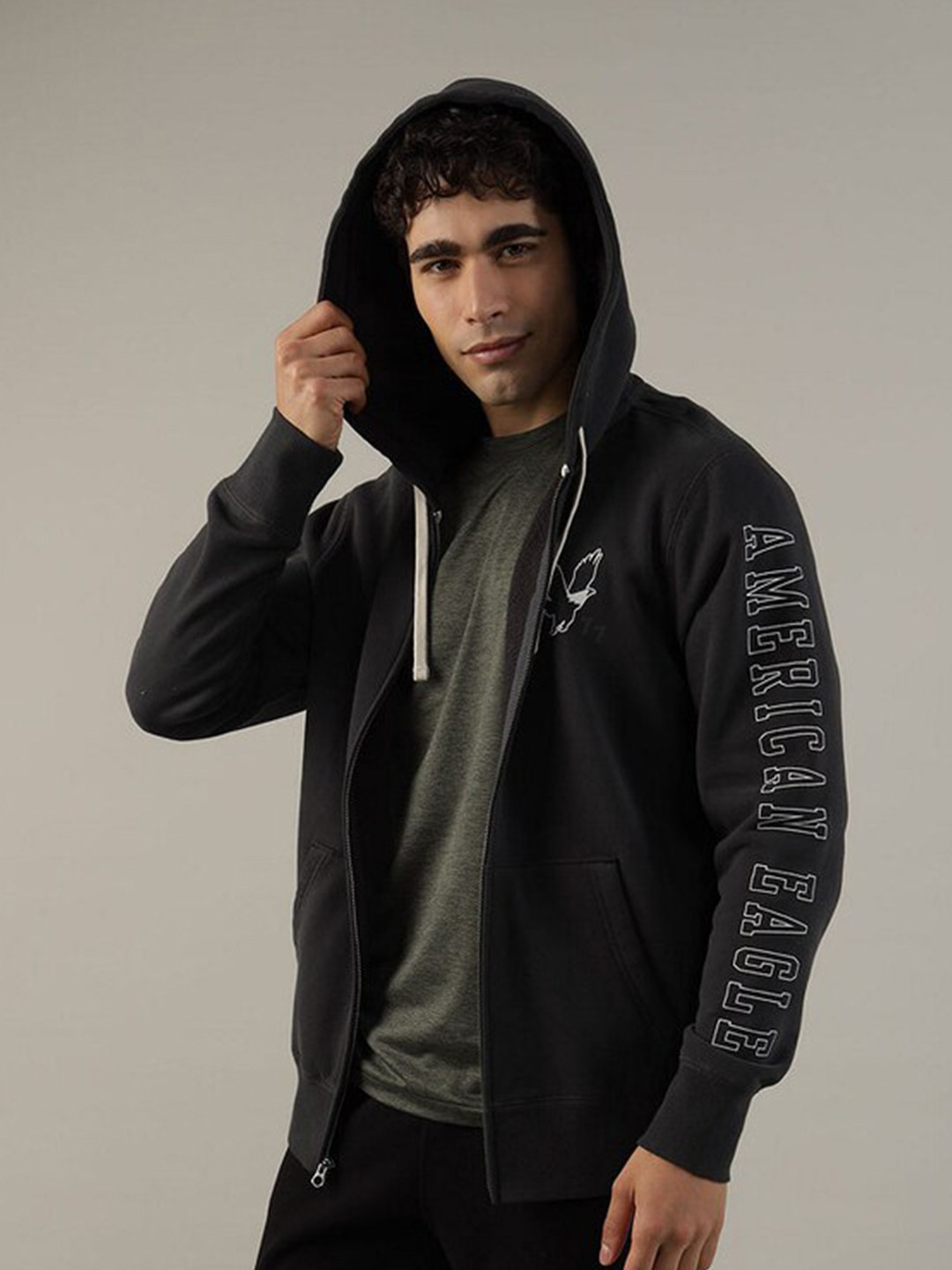 AMERICAN EAGLE OUTFITTERS Typography Printed Hooded Front-Open Sweatshirt