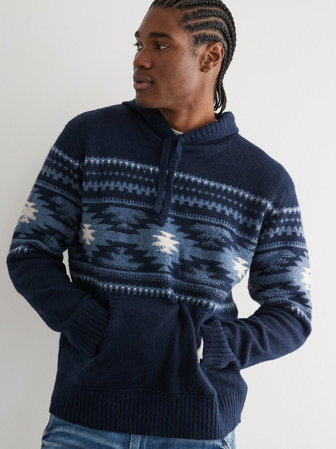 AMERICAN EAGLE OUTFITTERS Geometric Printed Hooded Pullover Sweater