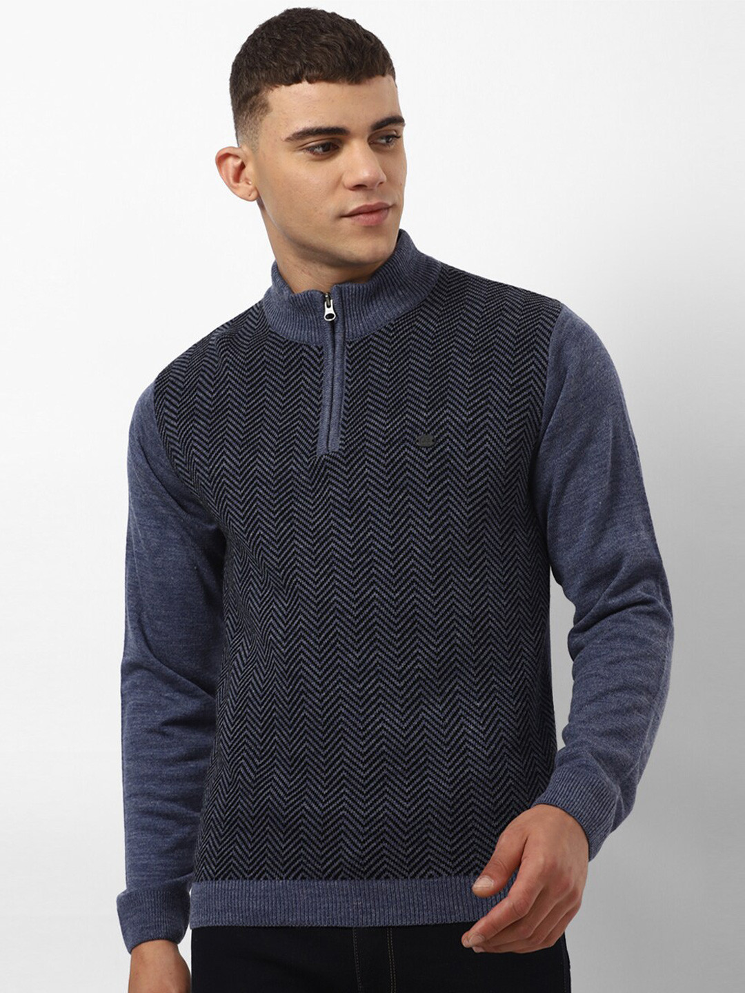 Peter England Casuals Chevron Printed Mock Collar Long Sleeve Acrylic Pullover Sweater