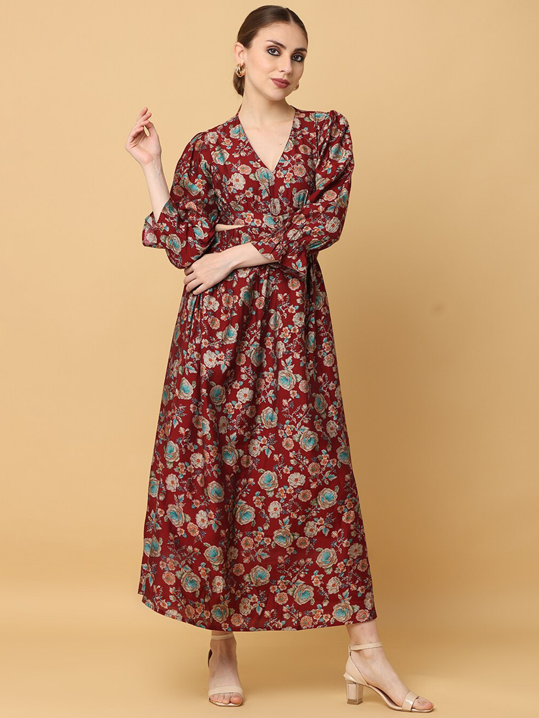 KALINI Printed Puffed Sleeves Crop Top and Skirt