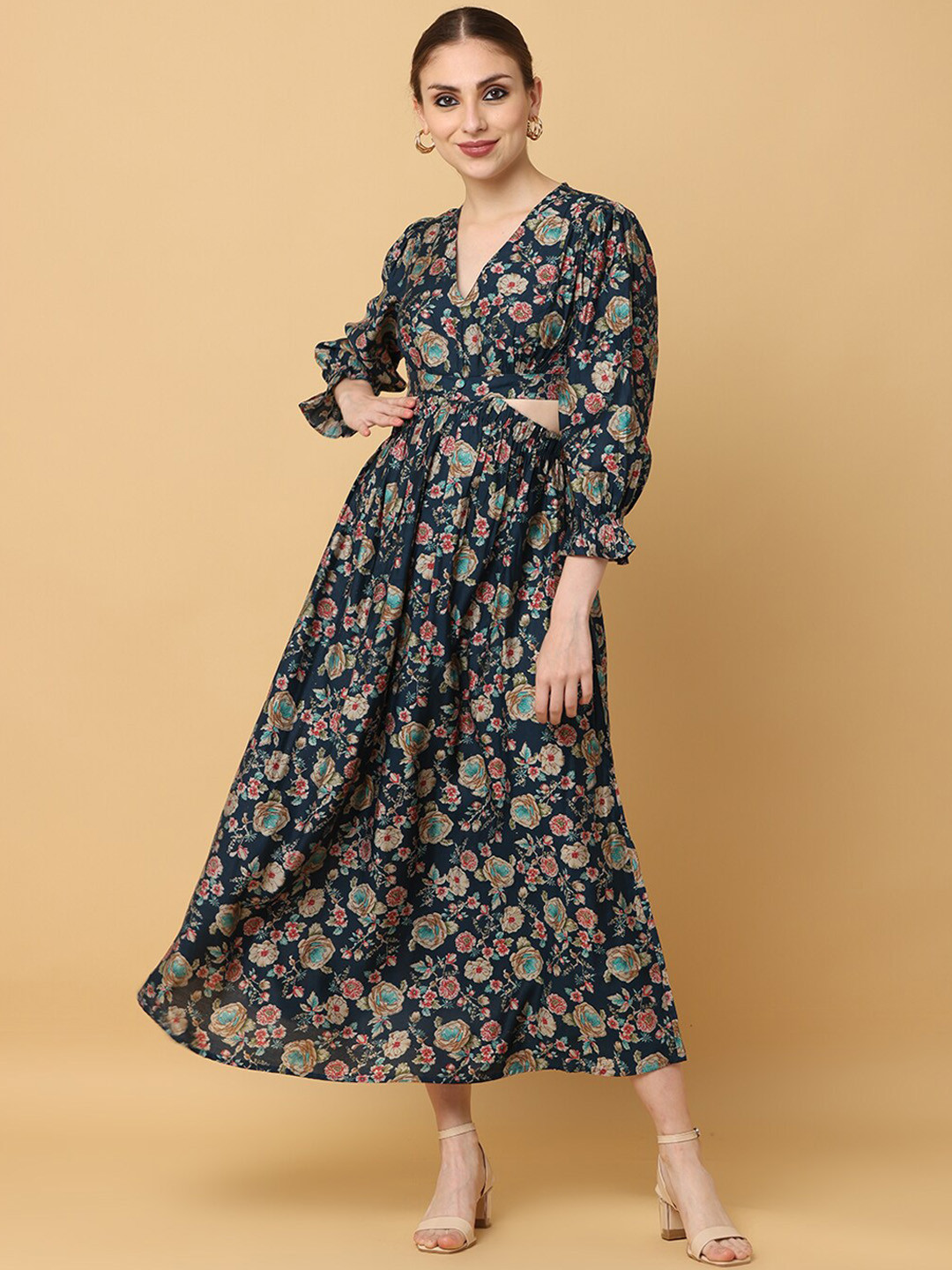 KALINI Printed Puffed Sleeves Crop Top and Skirt