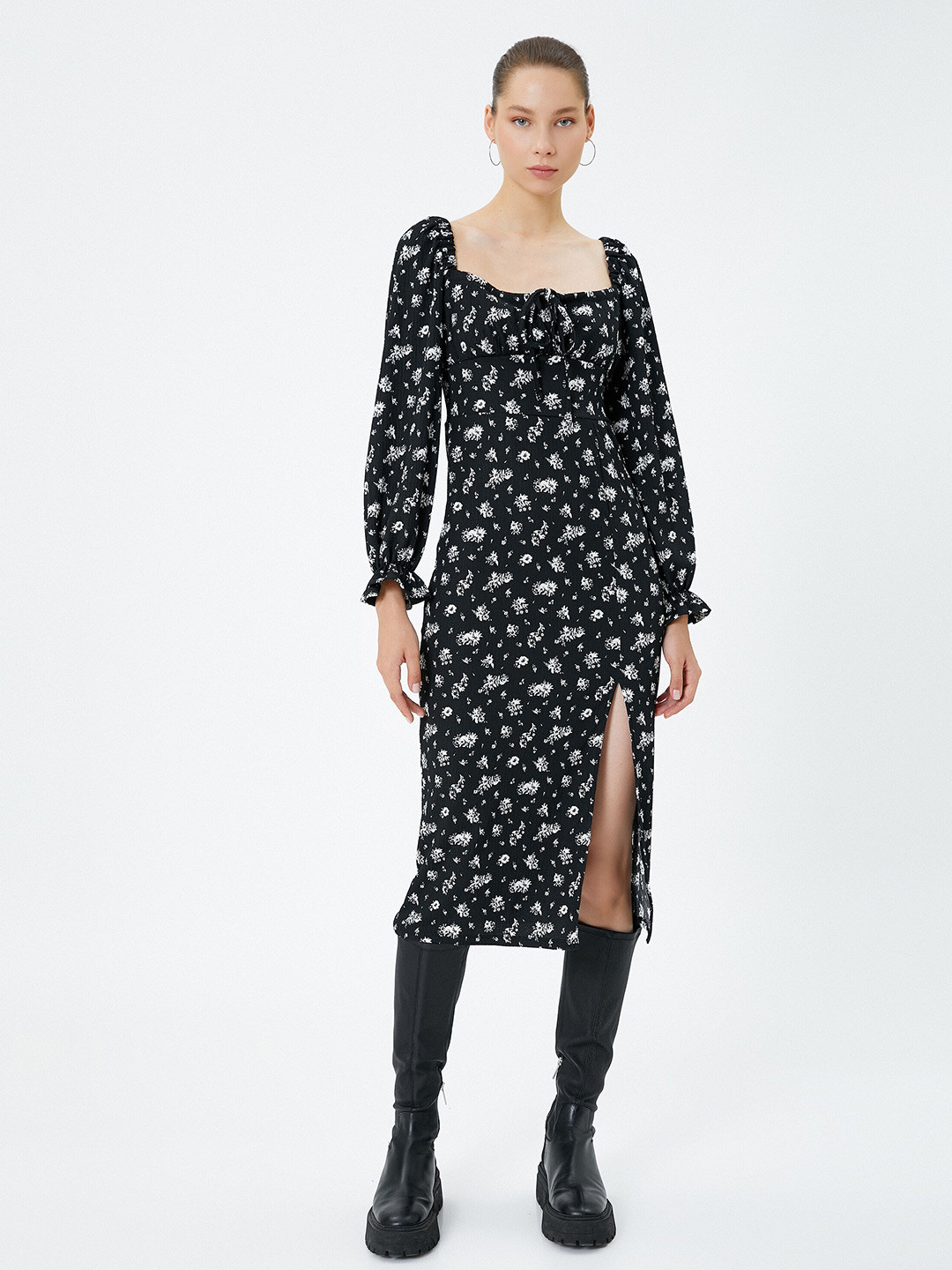 Koton Floral Print Square Neck Sheath Midi Dress