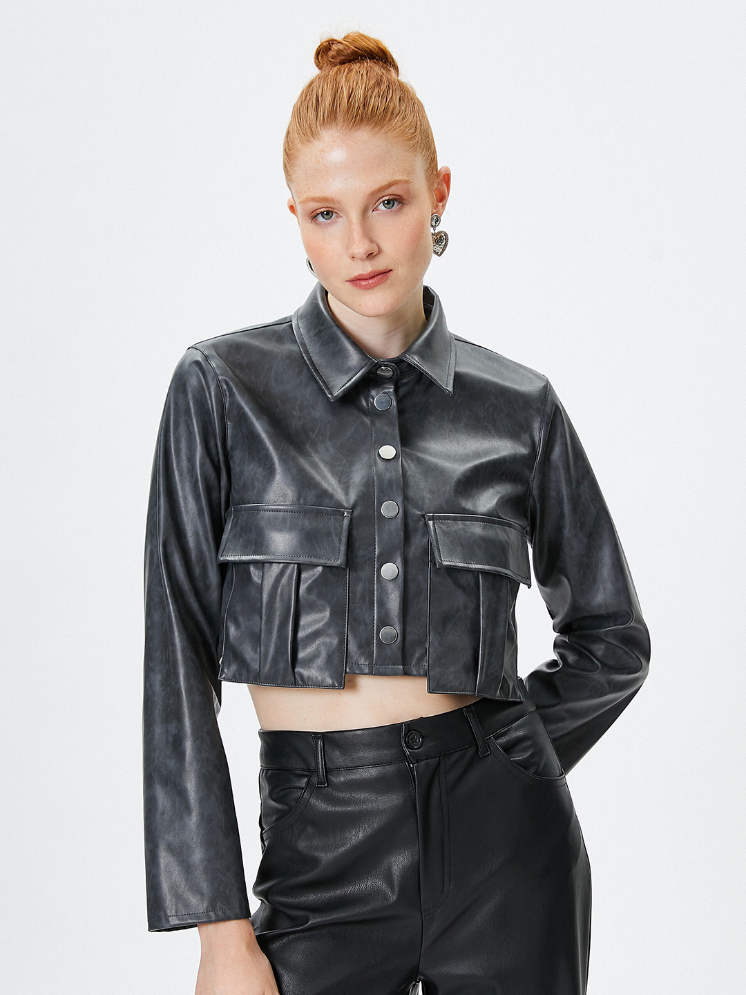 Koton Spread Collar Long Sleeves Pocket Detail Crop Leather Jacket