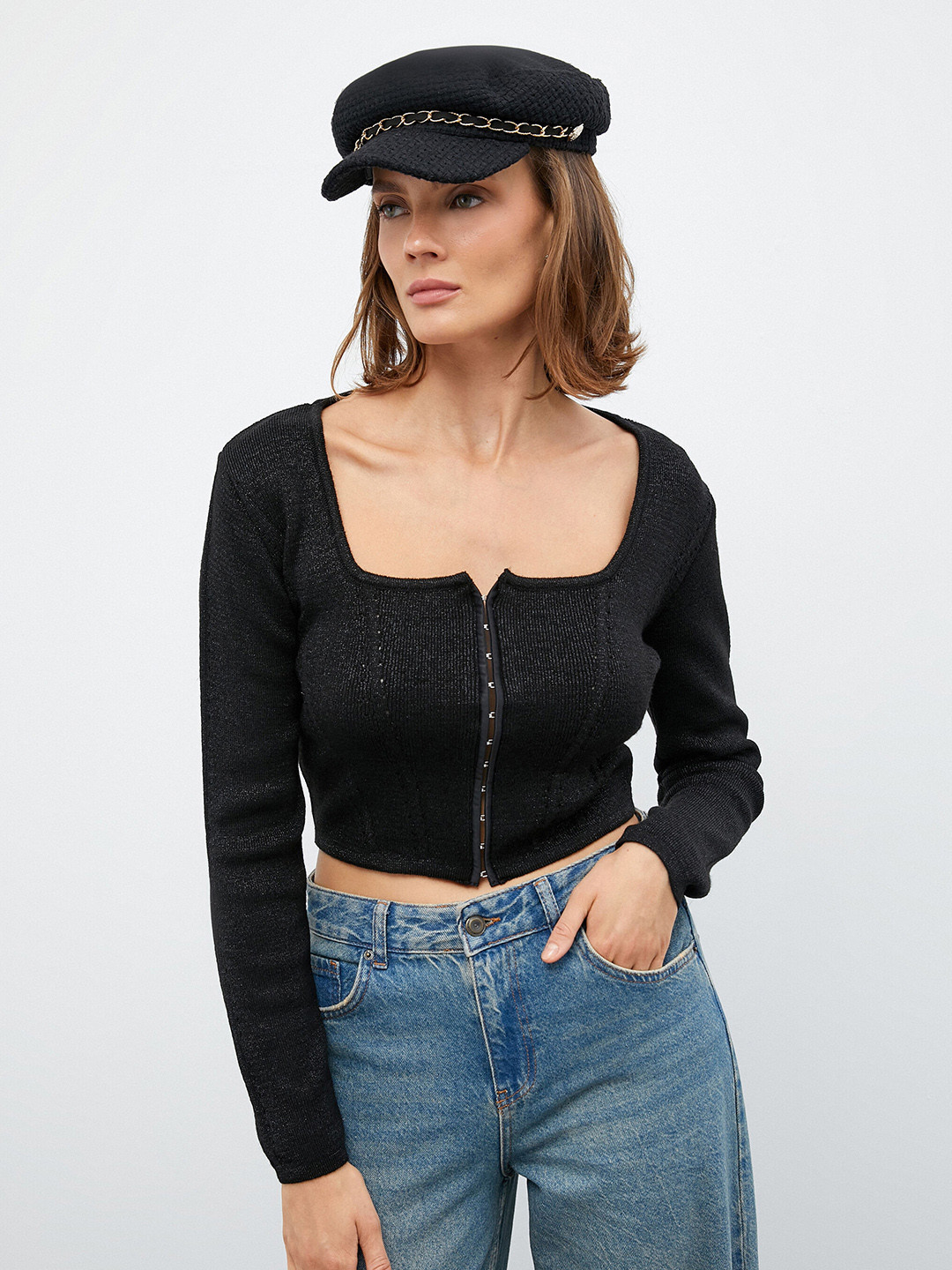 Koton Ribbed Square Neck Cardigan