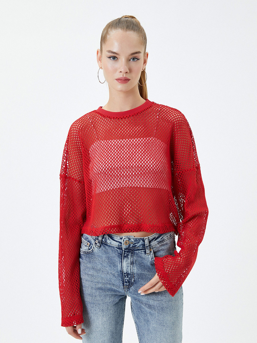 Koton Long Sleeves Pure Cotton Mesh Top