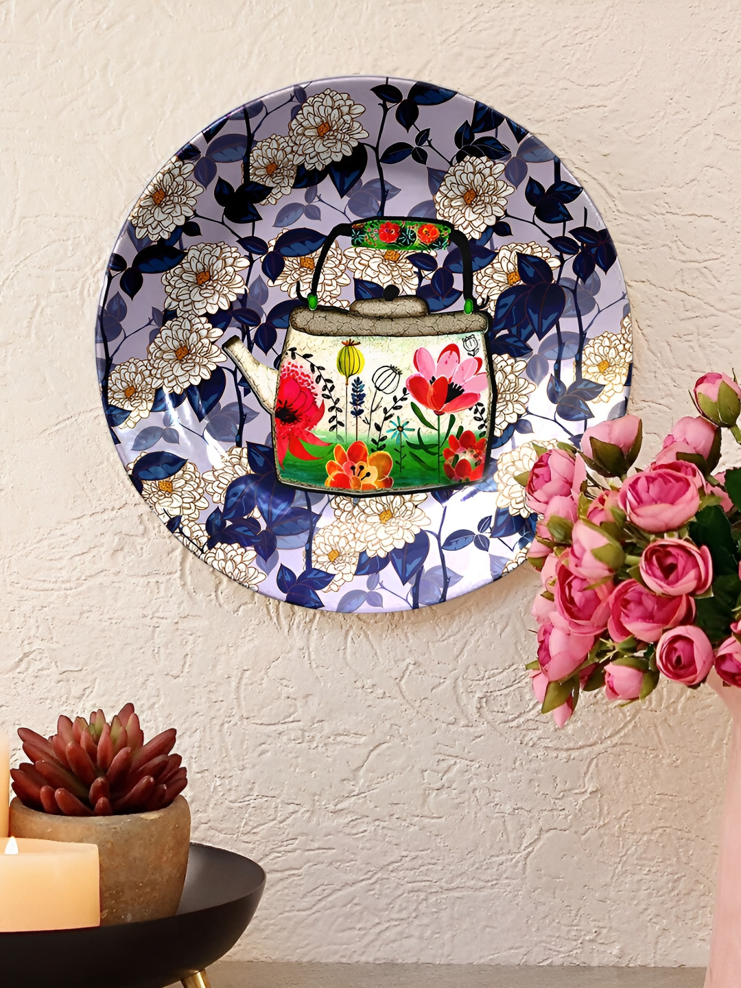 JIKRAA Exclusive Ceramic Floral Glossy Hanging Hall Wall Plates-7.9In