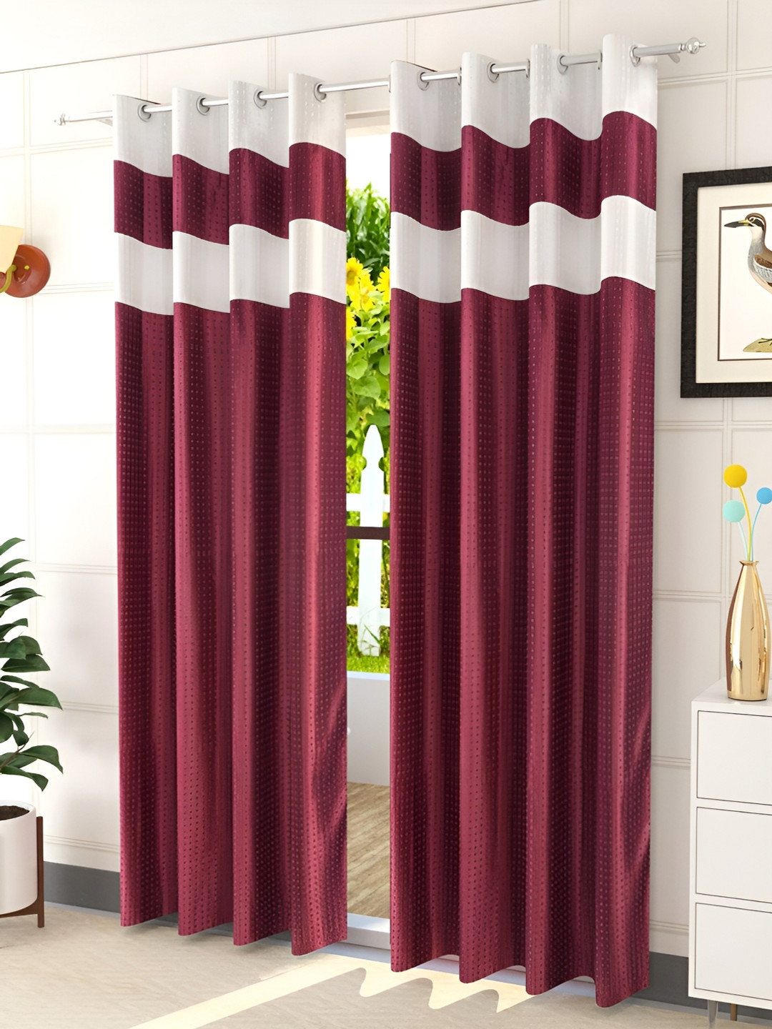 Kraftiq Homes Maroon 2 Pieces Colour Blocked Room Darkening Window Curtains