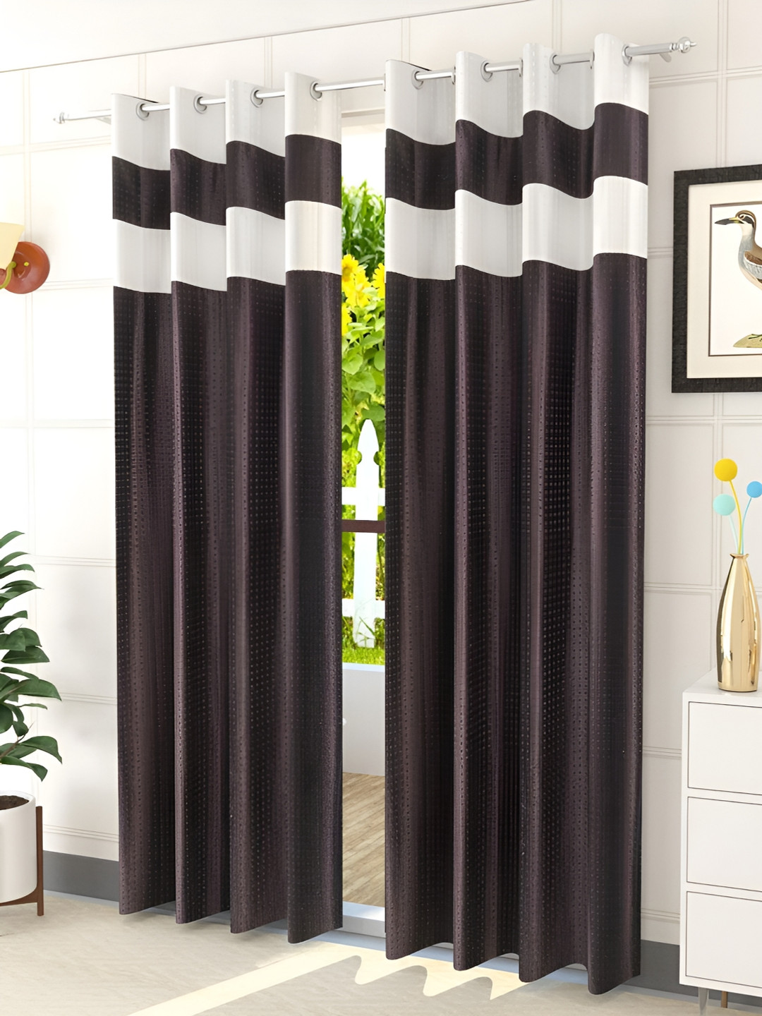 Kraftiq Homes Brown 2 Pieces Colour Blocked Room Darkening Long Door Curtains