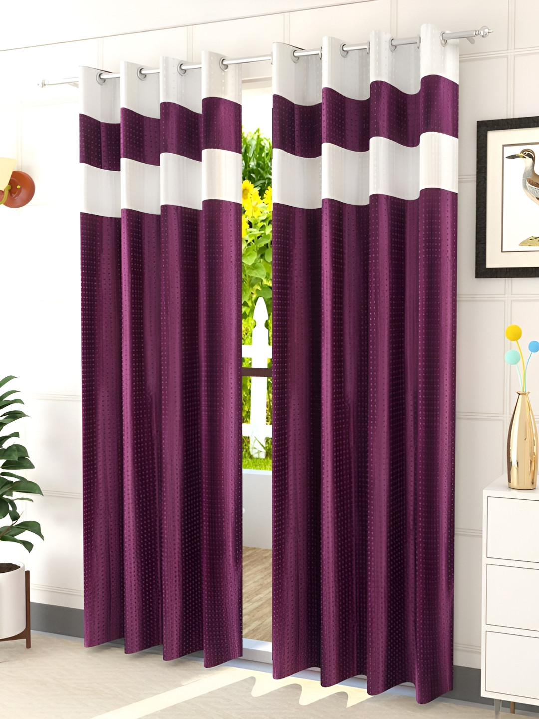 Kraftiq Homes Purple & White 2 Pieces Colour Blocked Room Darkening Door Curtains