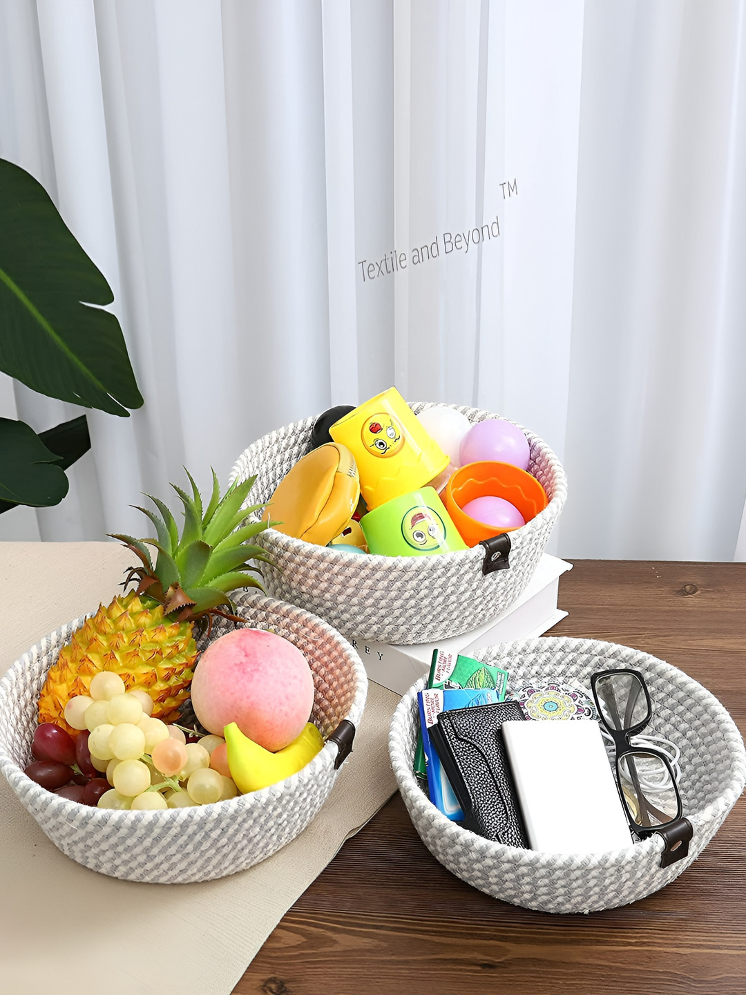 Textile and Beyond Grey & White 3 Pieces Jute Fruit and Vegetable Basket