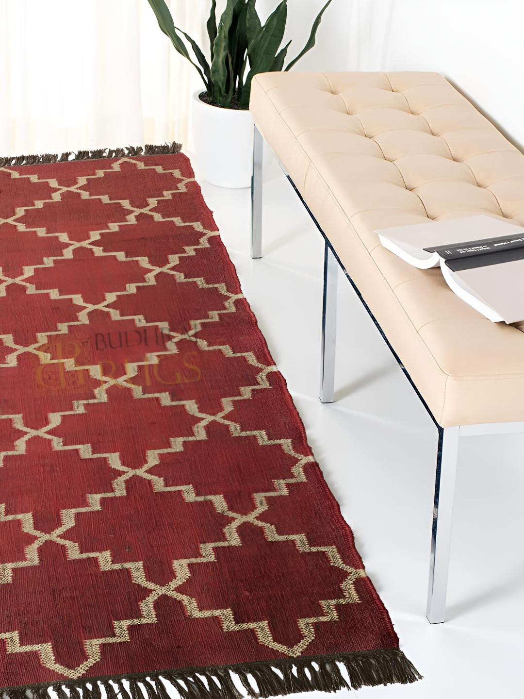 Budhrajrugs Red & Beige Killam woven Rectangular Floor Dhurrie