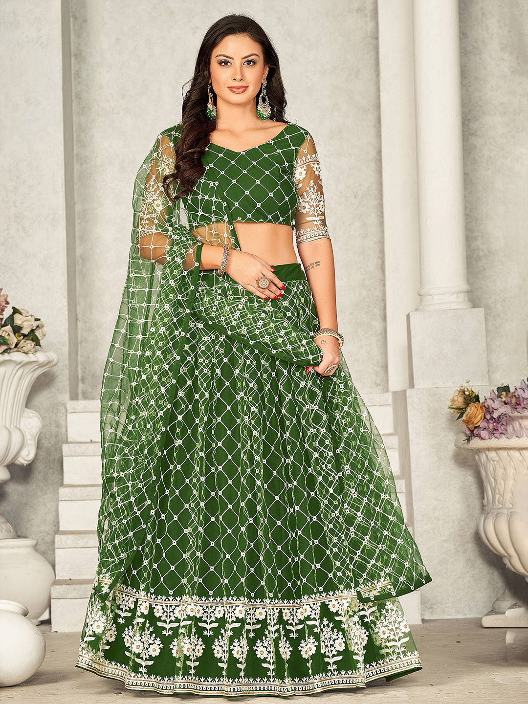 KALINI Embroidered Net Ready to Wear Lehenga & Unstitched Blouse With Dupatta