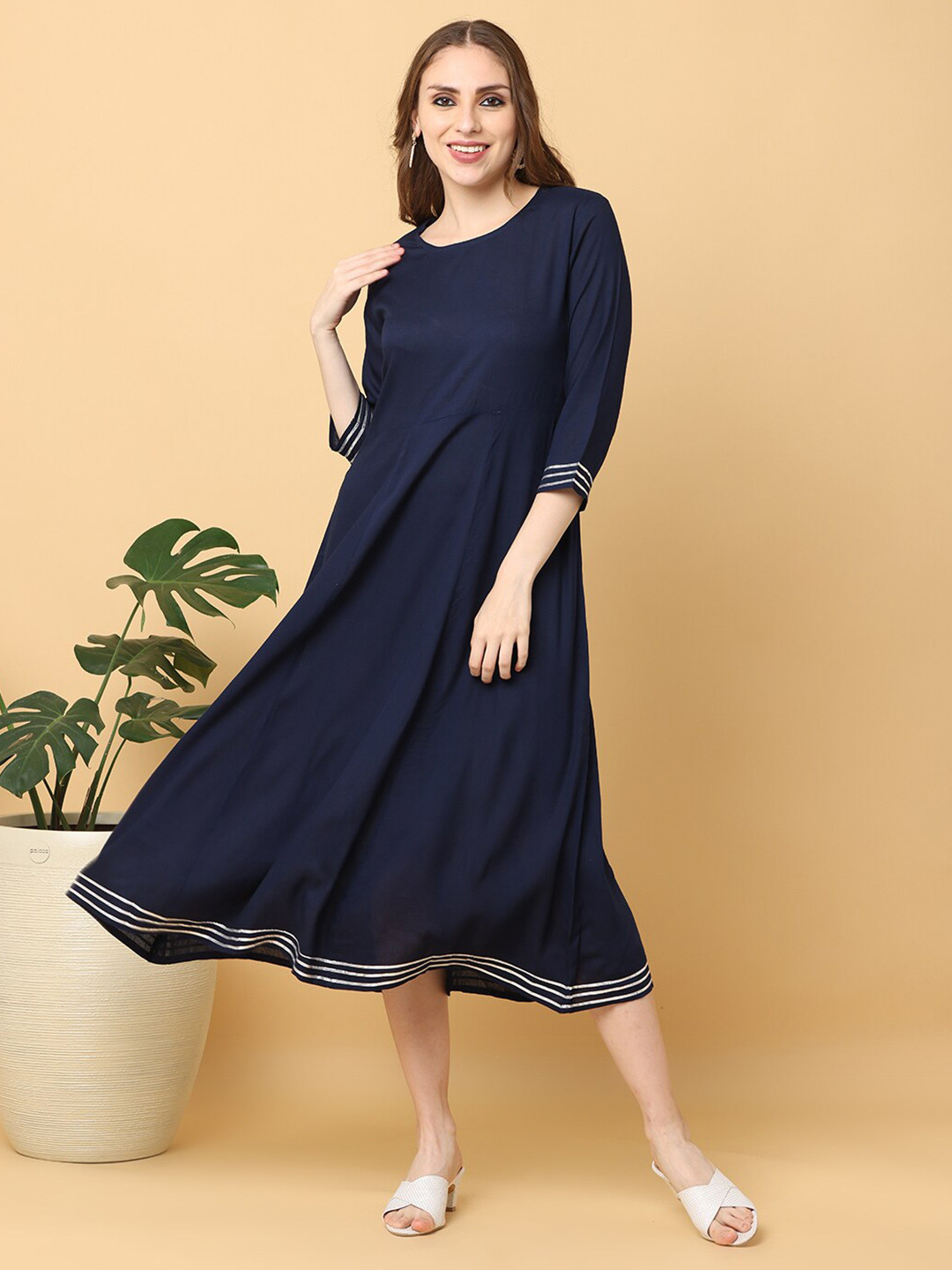 KALINI Navy Blue A-Line Three-Quarter Dress