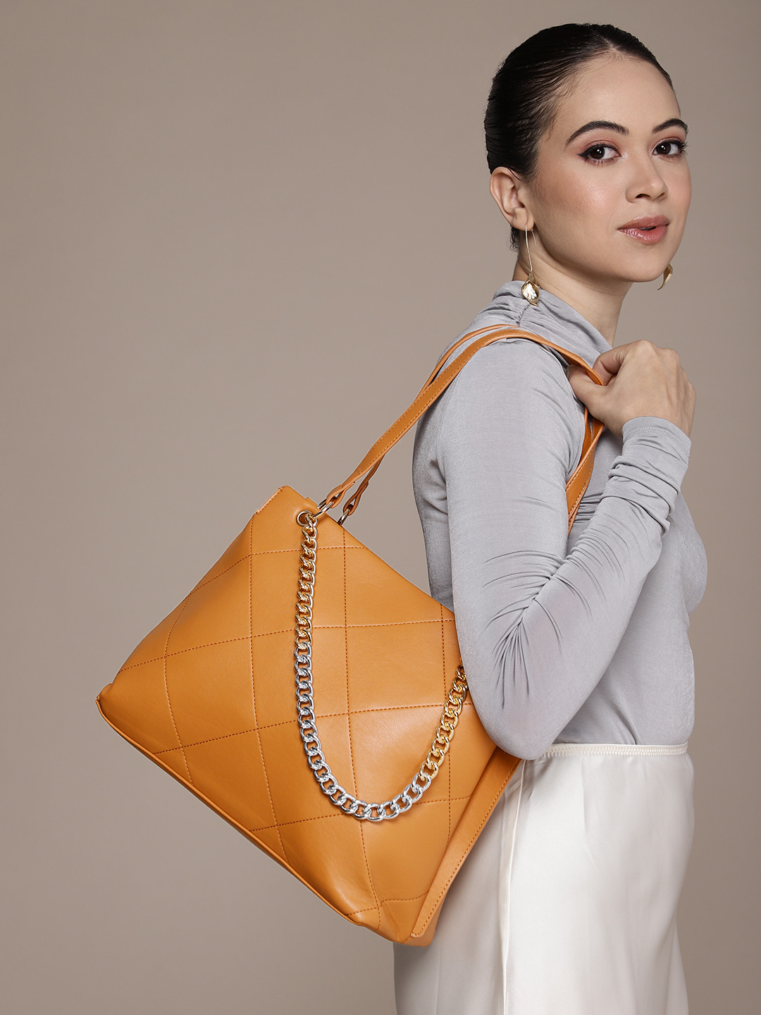 FCUK Geometric Self-Design Shoulder Bag with Chainlink Handle