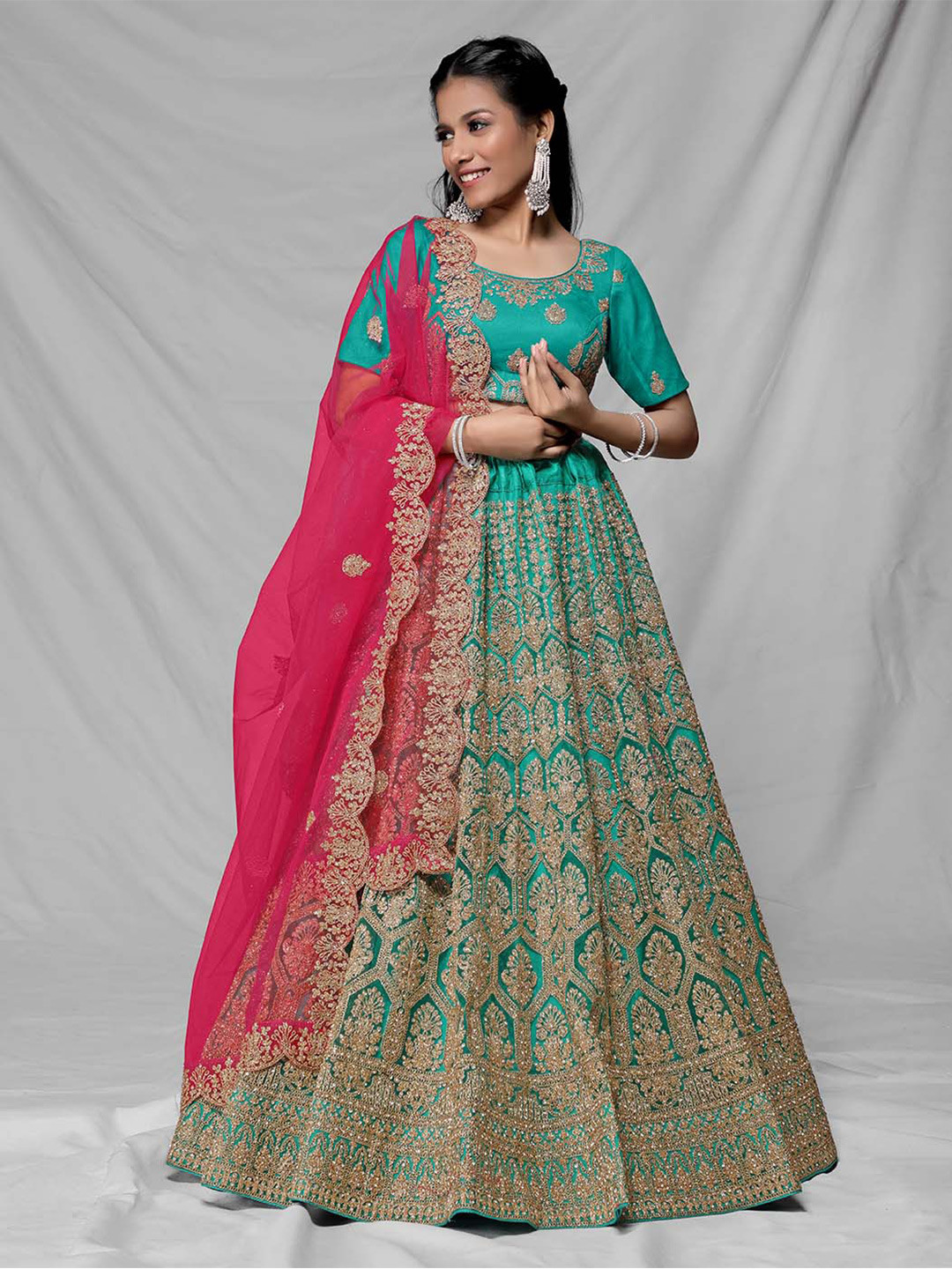 HALFSAREE STUDIO Embroidered Net Semi-Stitched Lehenga & Unstitched Blouse With Dupatta