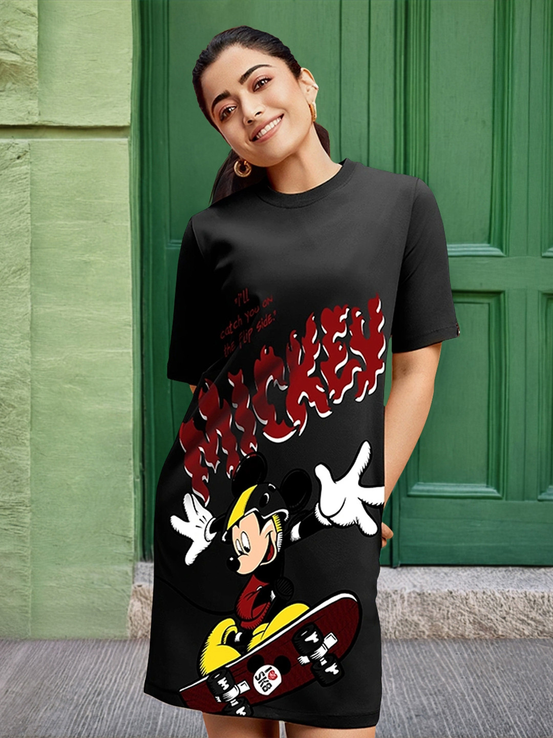 Bewakoof Heavy Duty 1.0 Women Mickey Graphic Printed Oversized T-Shirt Dress