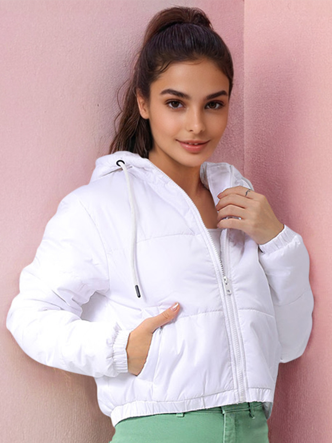 Freehand by The Indian Garage Co White Hooded Neck Long Sleeve Zip Detail Crop Padded Jacket