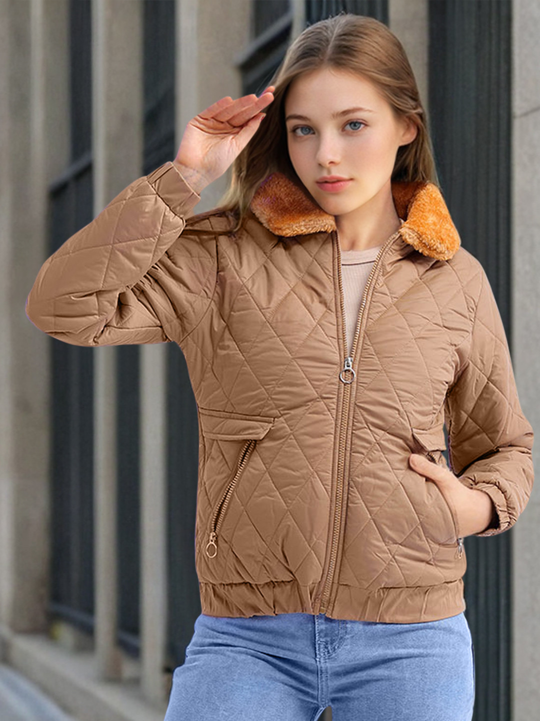 Freehand by The Indian Garage Co Brown Spread Collar Long Sleeve Faux Fur Trim Quilted Jacket
