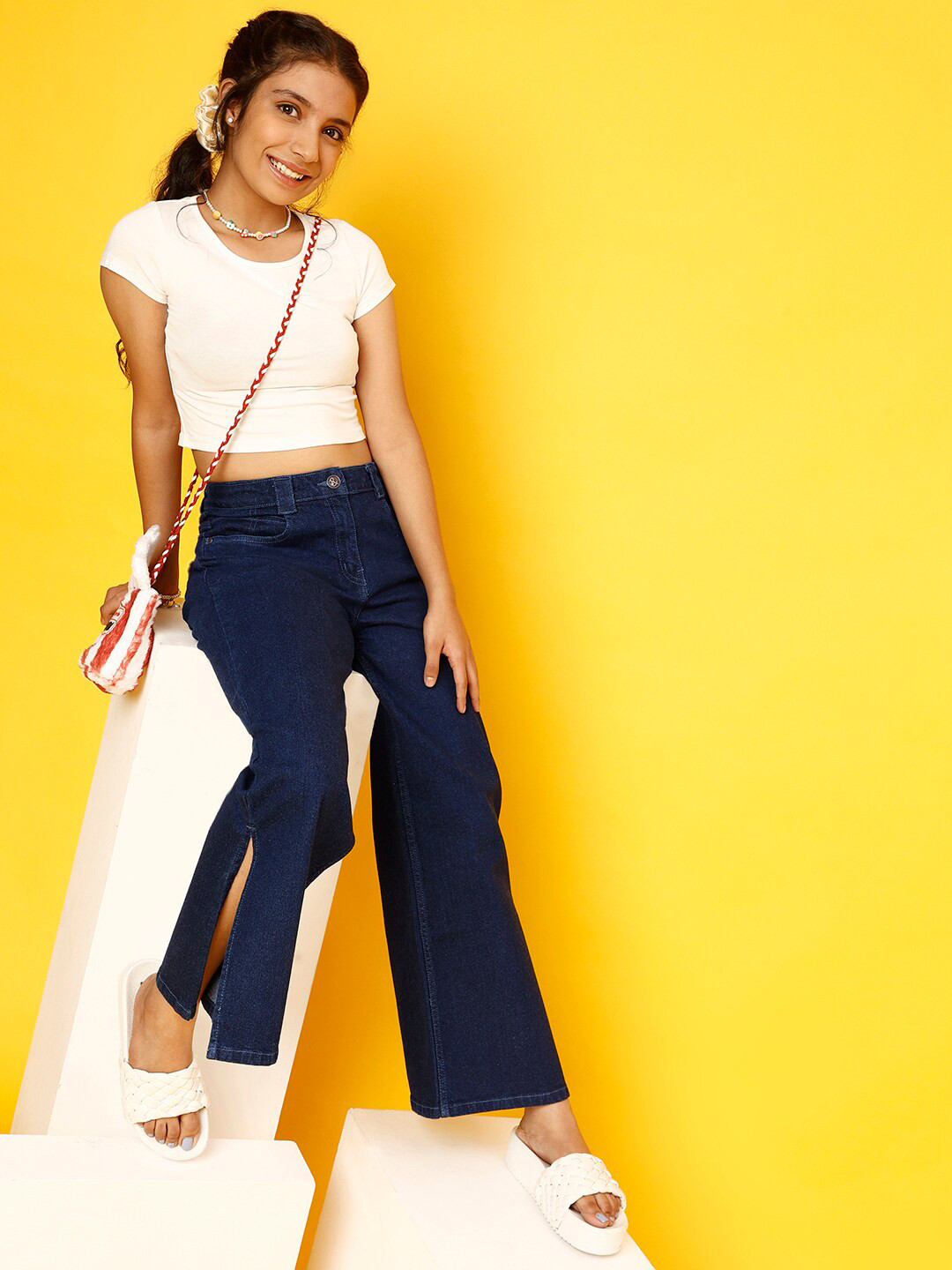 TALES & STORIES Girls Washed Blue Wide Leg High Rise Clean Look Lycra Jeans