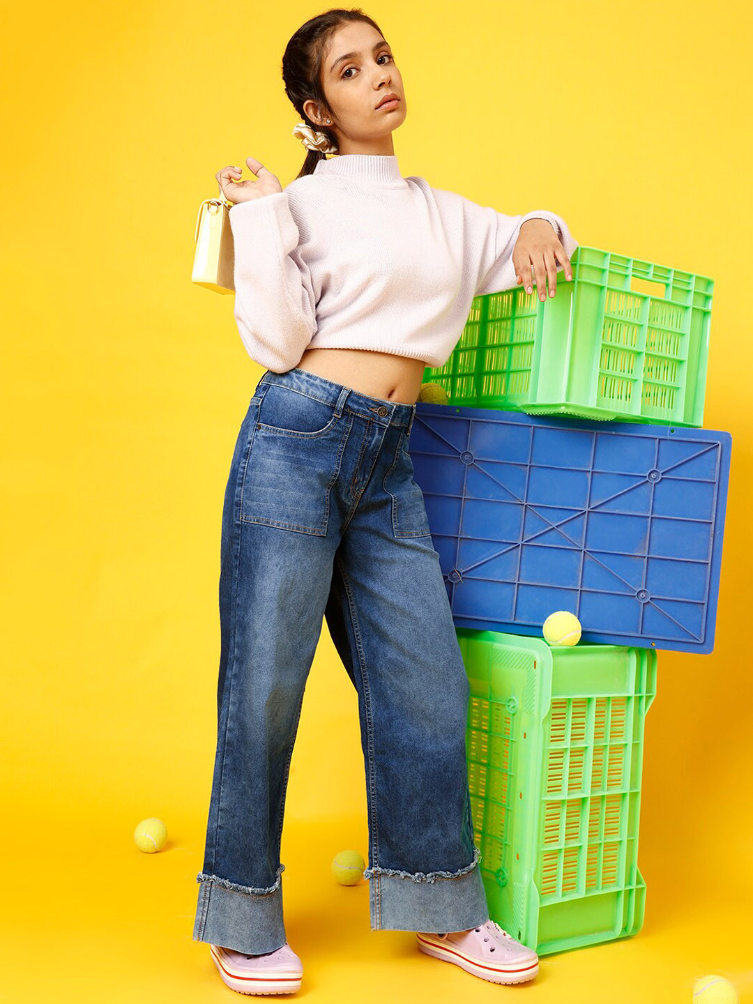 TALES & STORIES Girls Wide Leg High-Rise Light Fade Low Distress Stretchable Jeans