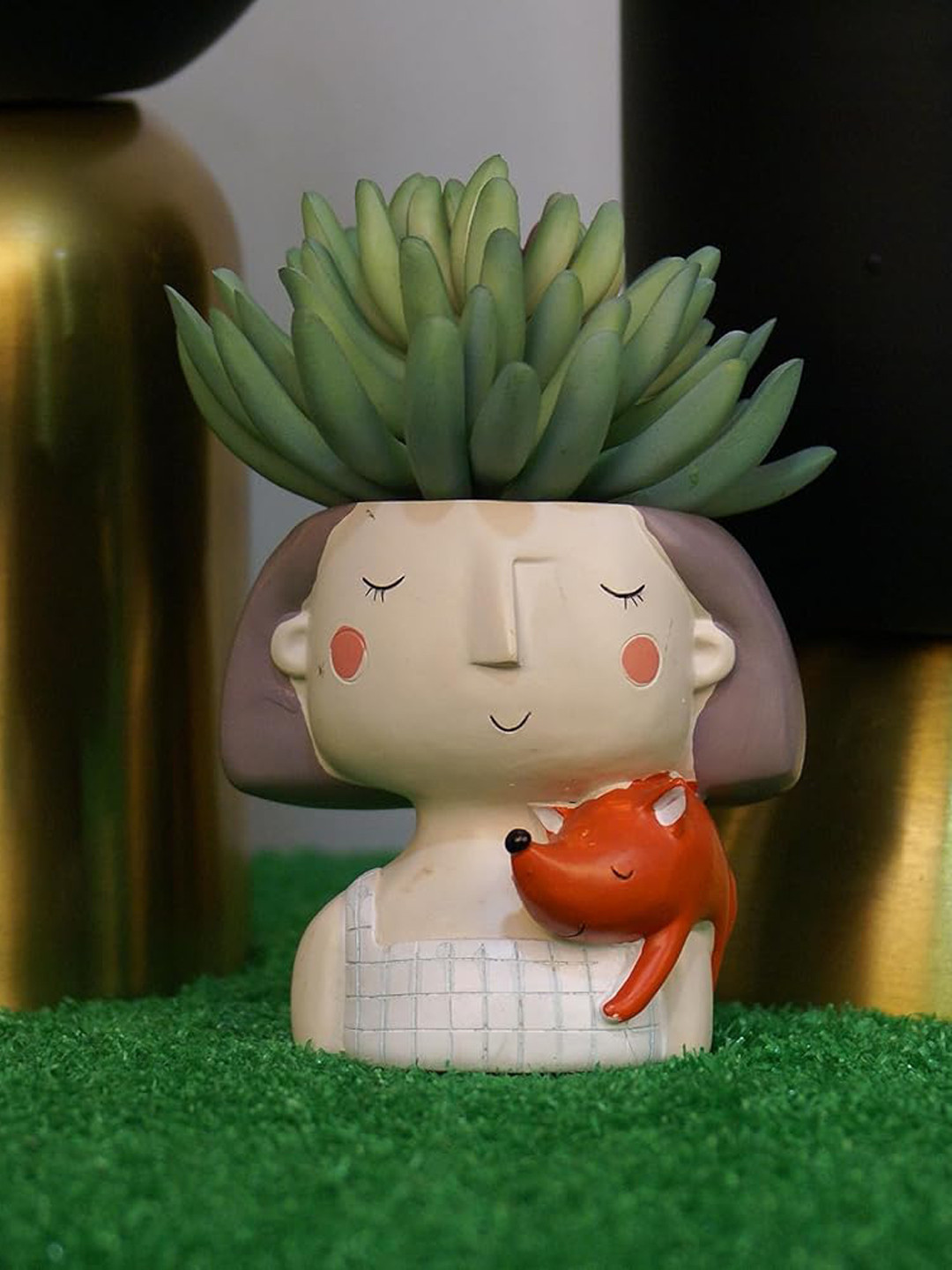 Garden Deco White Cream  2 Pieces Checked Cute Girl Planters