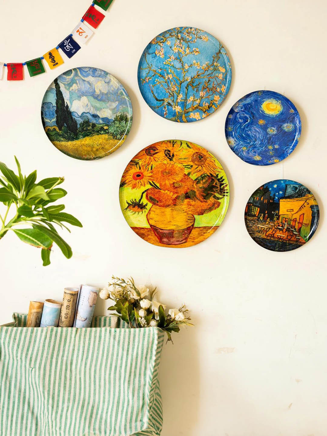 Ritualistic Van Gogh Wall Plates Metal Floral Glossy Hanging Hall 5Pcs -11.8In
