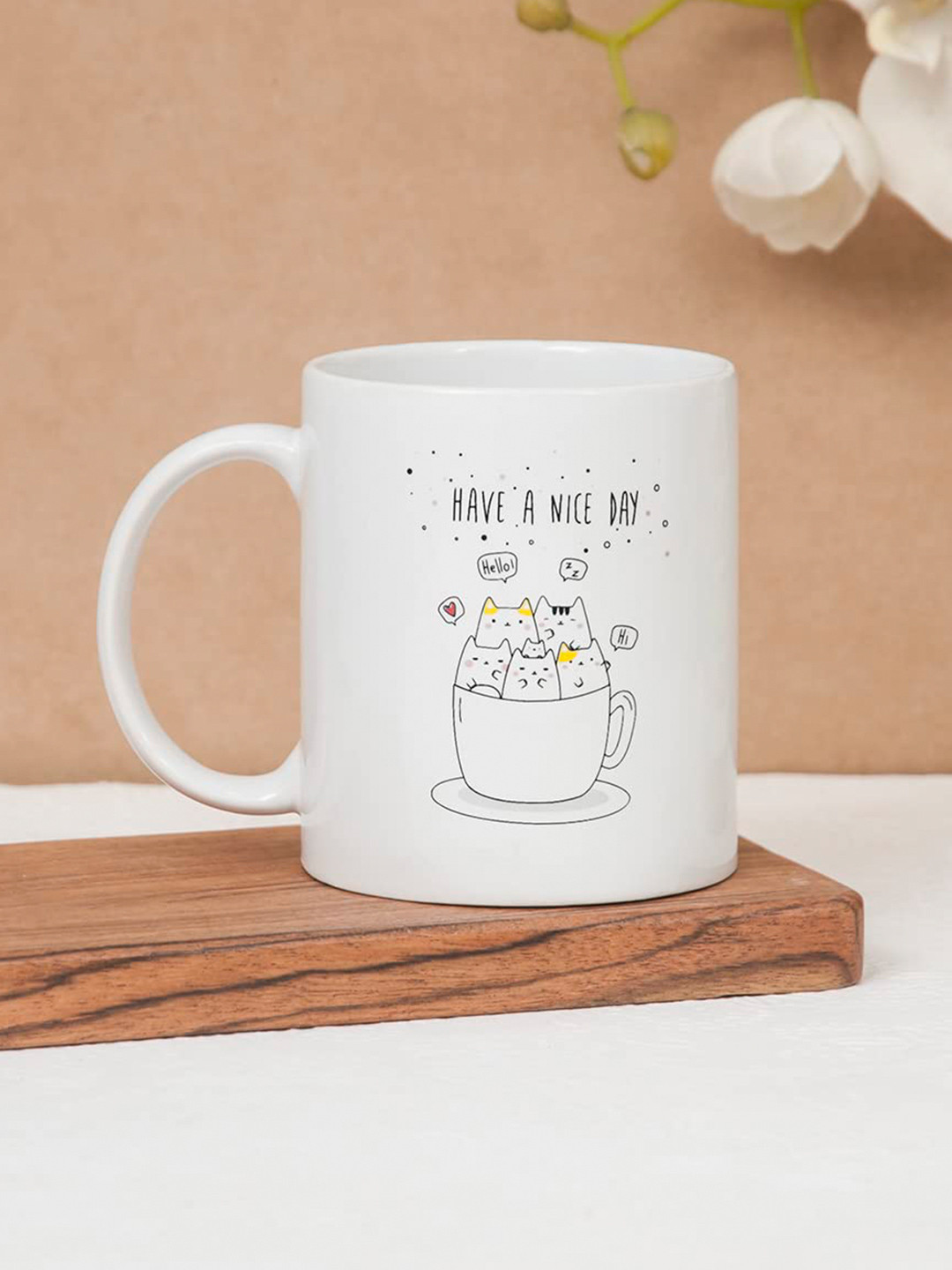 1219 Avenue White Printed Ceramic Microwave Safe Glossy Coffee Mug 300 ml