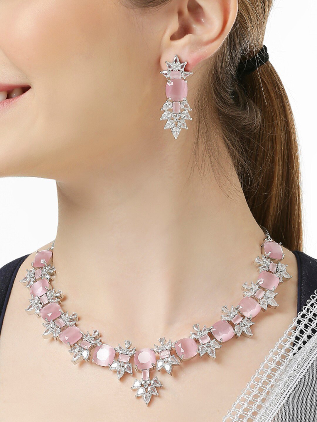 OOMPH AD Studded  Square Drop Pendant Jewellery Set