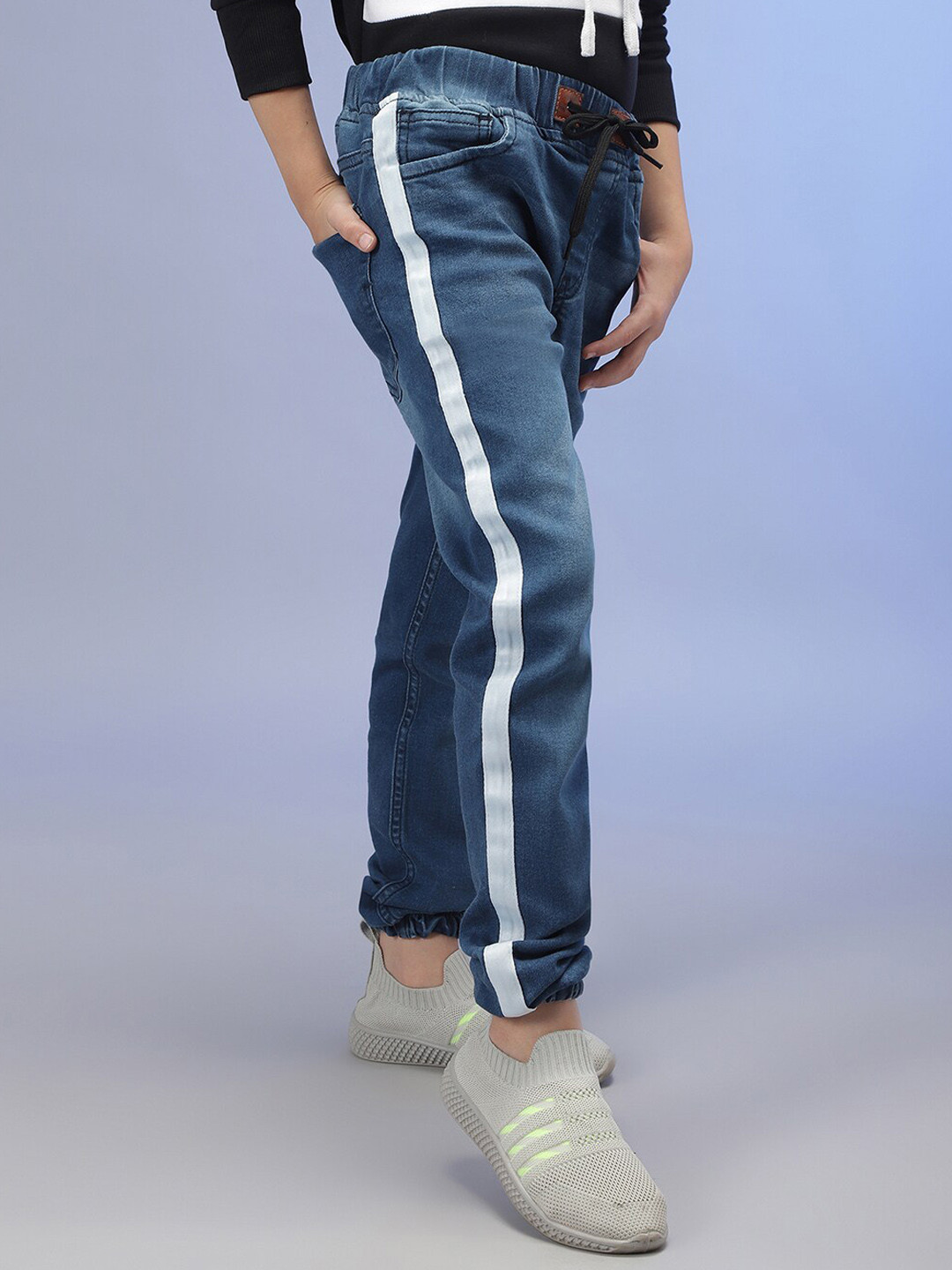 Instafab Boys Blue Smart Slim Fit Striped Clean Look Cotton Jeans