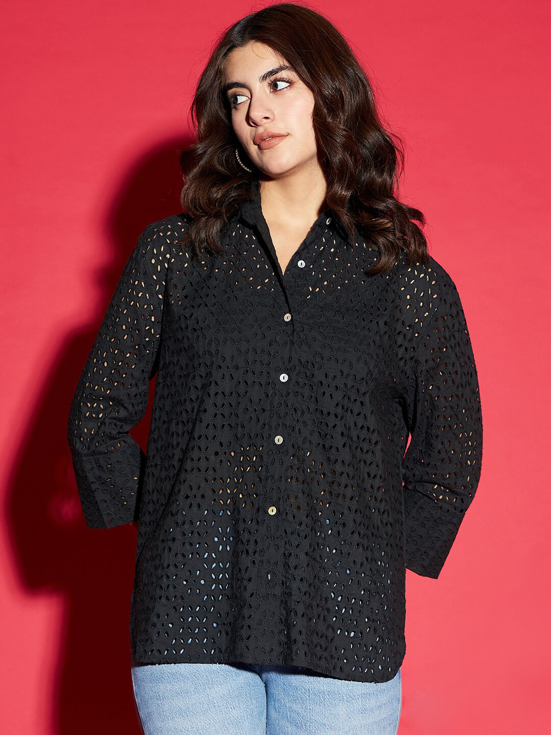 KASSUALLY Black Self Design Cotton Sheer Oversized Casual Shirt