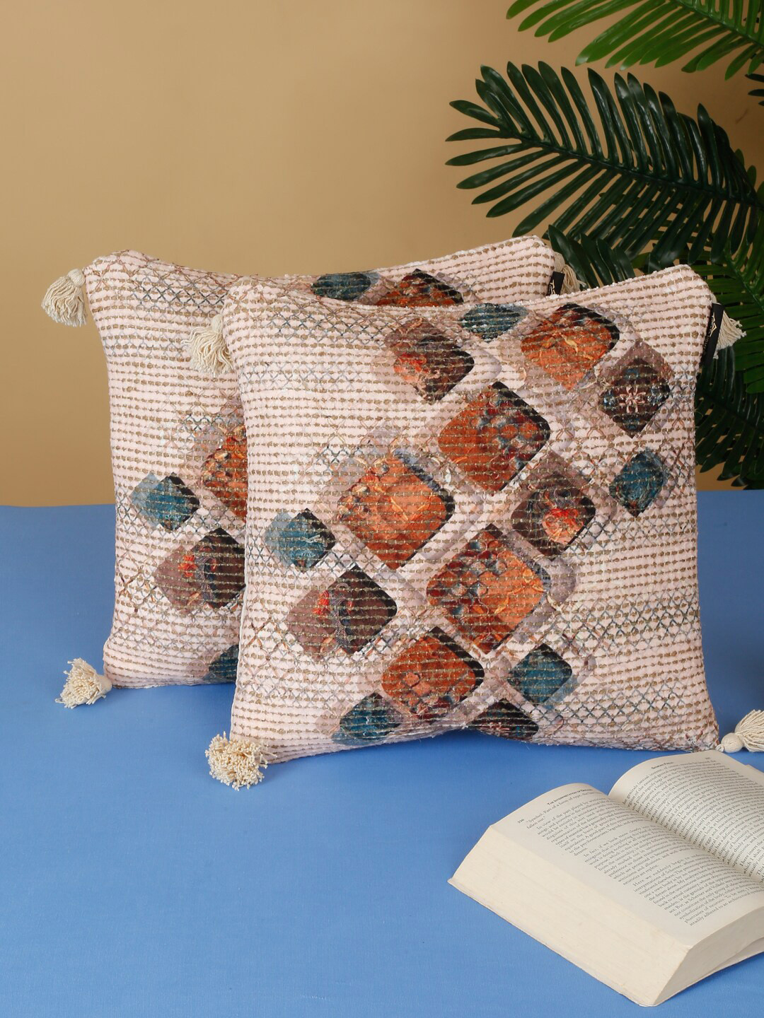 HOSTA HOMES Digital Print Geometric Cotton 2 Pcs Textured Cushion Covers -16x16In