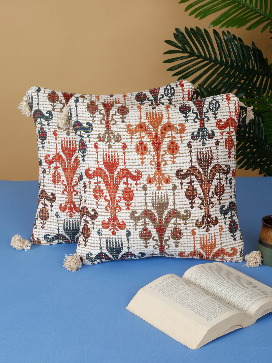 HOSTA HOMES DIGITAL PRINT TESSEL Cotton 2 Pcs Embroidered Square Cushion Covers -16x16In