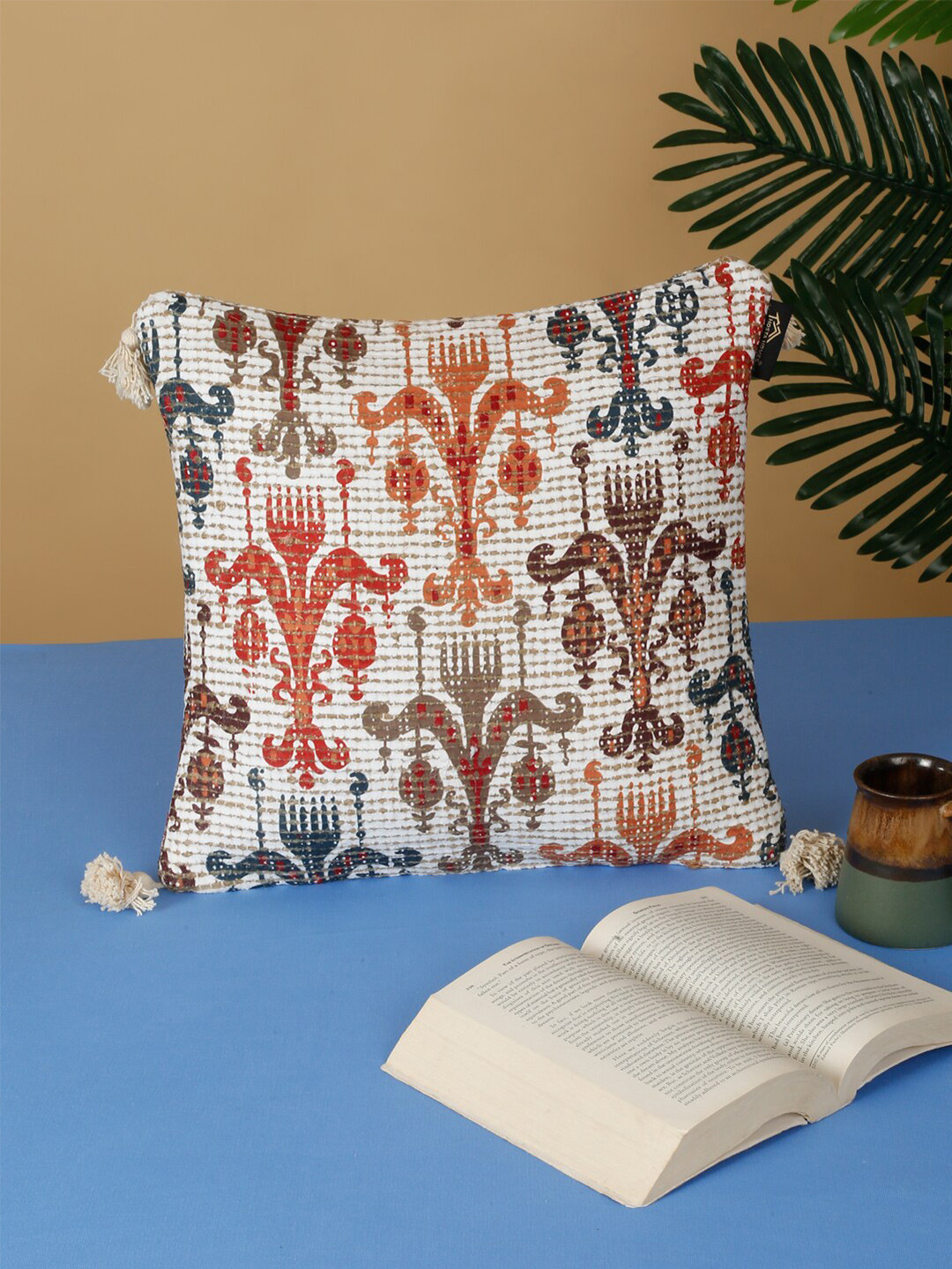 HOSTA HOMES Digital Print White Ethnic Motifs Cotton Breathable Cushion Cover -16x16In