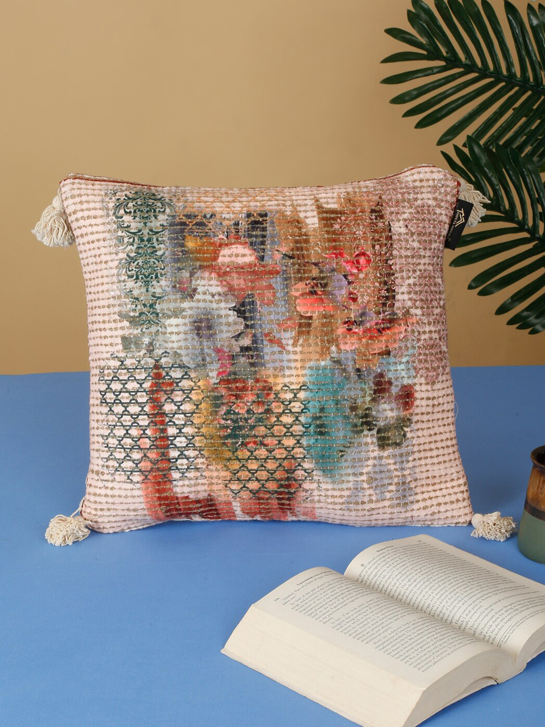 HOSTA HOMES Tassel Cream Floral Cotton Embroidered Square Cushion Cover -16x16In