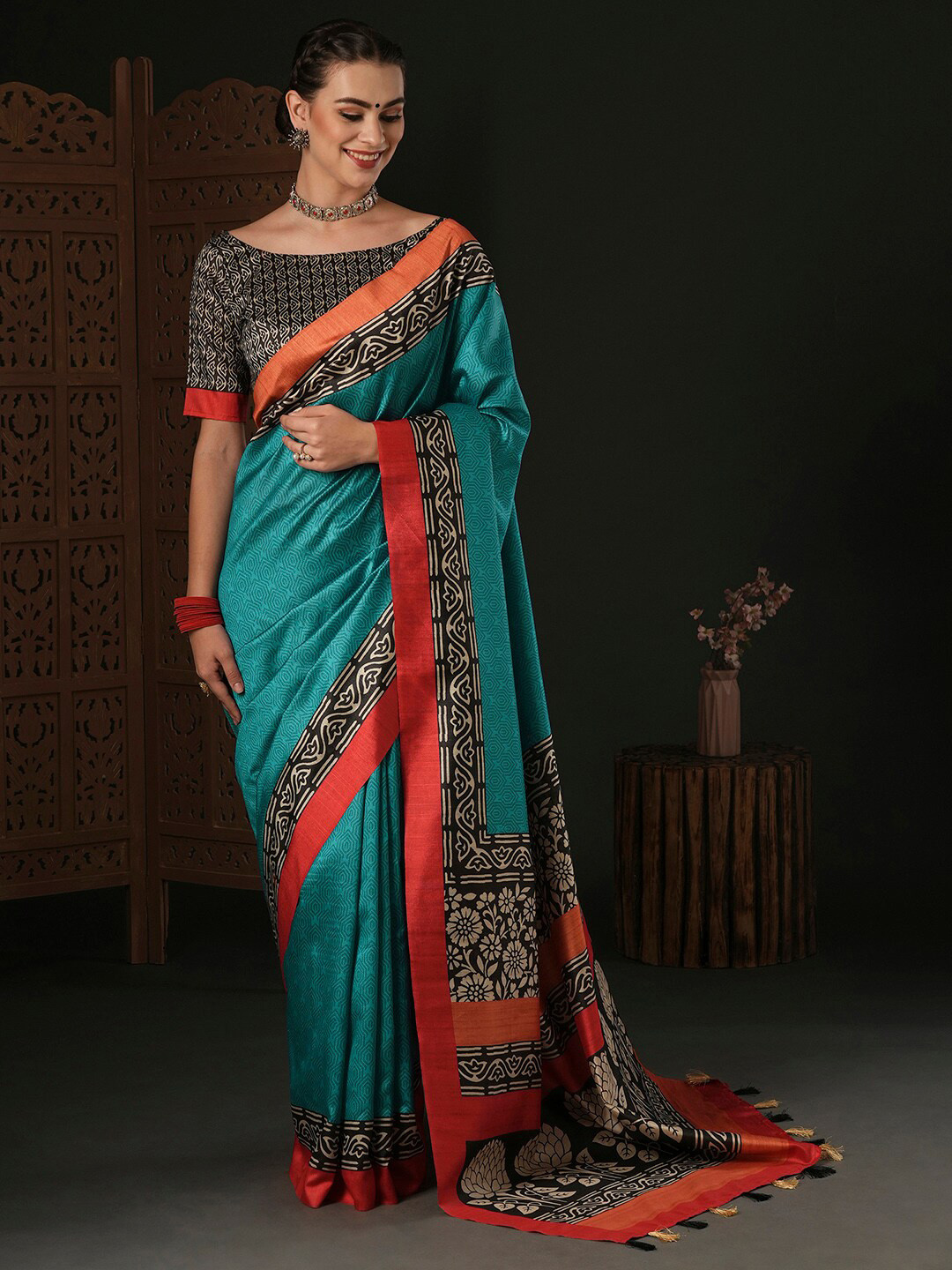 Anouk Blue Bagh Silk Blend Designer Dabu Saree