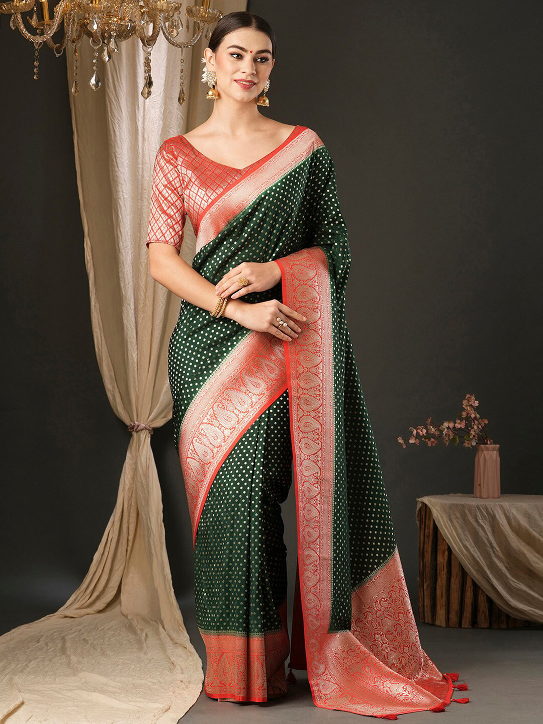 Anouk Green Ethnic Motifs Pure Georgette Woven Design Traditional Wear Kanjeevaram Saree