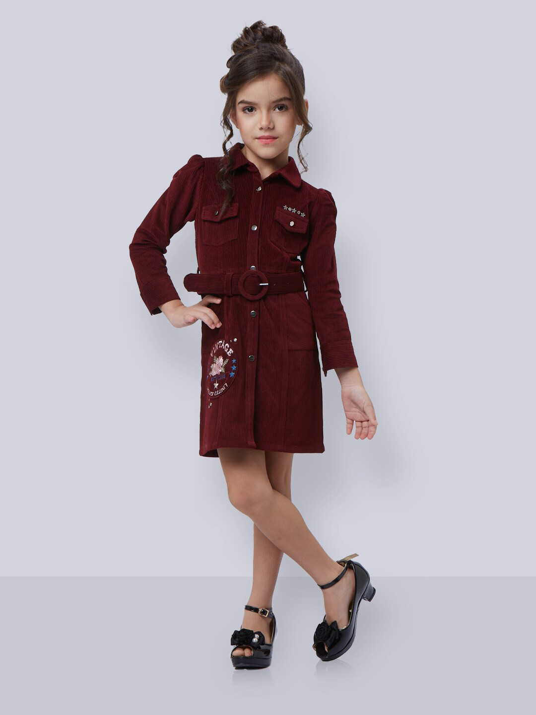 Peppermint Girls Shirt Collar Long Sleeves Belted Corduroy Shirt Dress