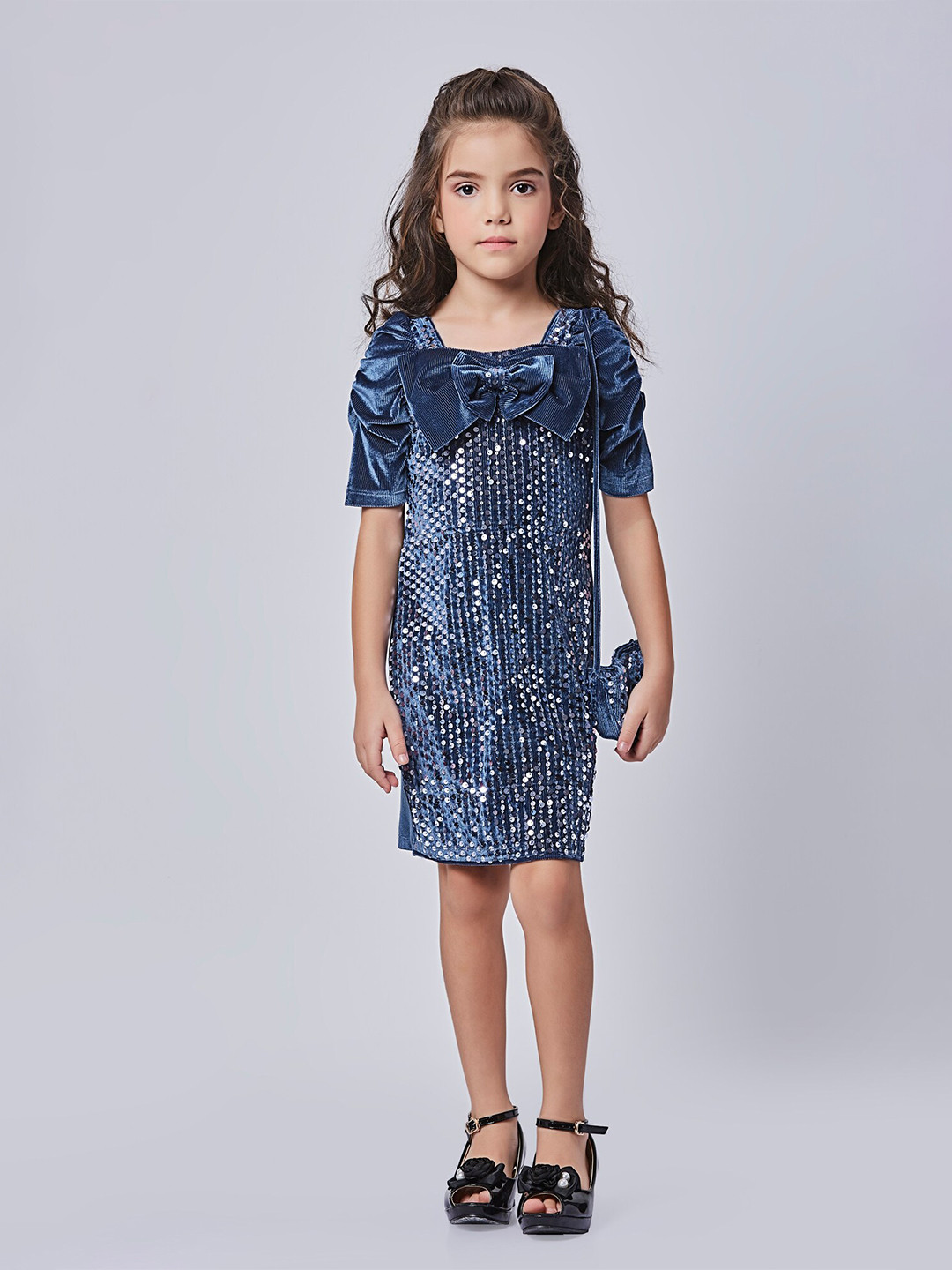 Peppermint Girls Embellished Bow Velvet Sheath Dress