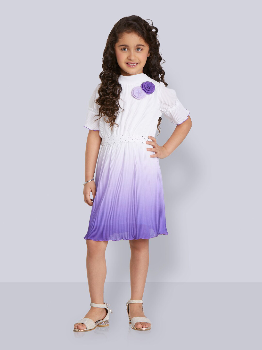 Peppermint Girls Striped Bell Sleeves Applique Pleated Fit & Flare Dress With Belt