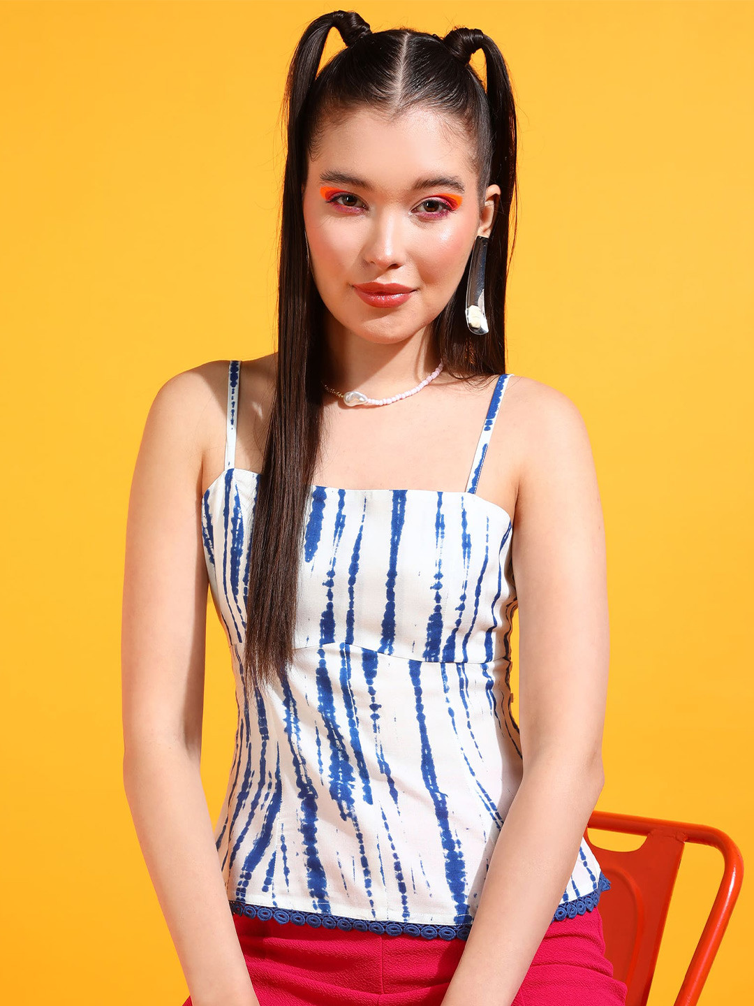 Fuchsia  Tie & Dye Printed Shoulder Straps Sleeveless Cotton Regular Top