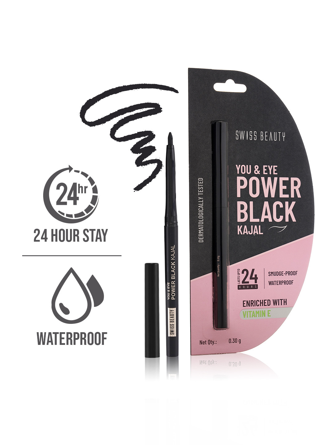 SWISS BEAUTY Dermatologically Tested & Waterproof You & Eye Kajal 0.30 g -Power Black