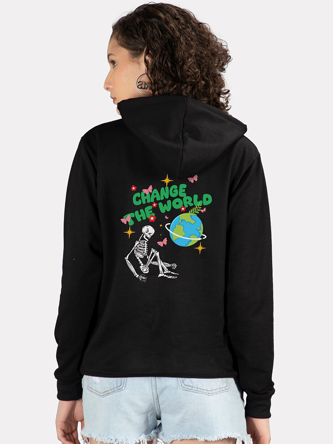 Black Graphic Hooded Pullover Sweatshirt with Kangaroo Pocket