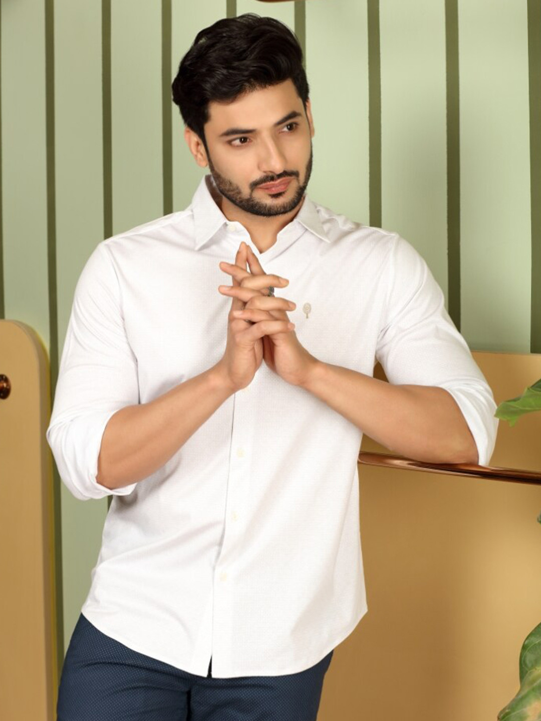 Melvin Jones Comfort Micro Ditsy Spread Collar Long Sleeve Cotton Regular Fit Shirt