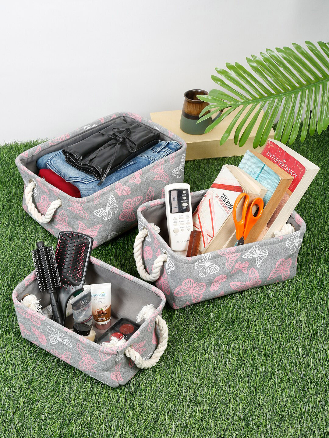 FABINALIV Set of 3 Grey & Pink Butterfly Print Multi Purpose Organisers