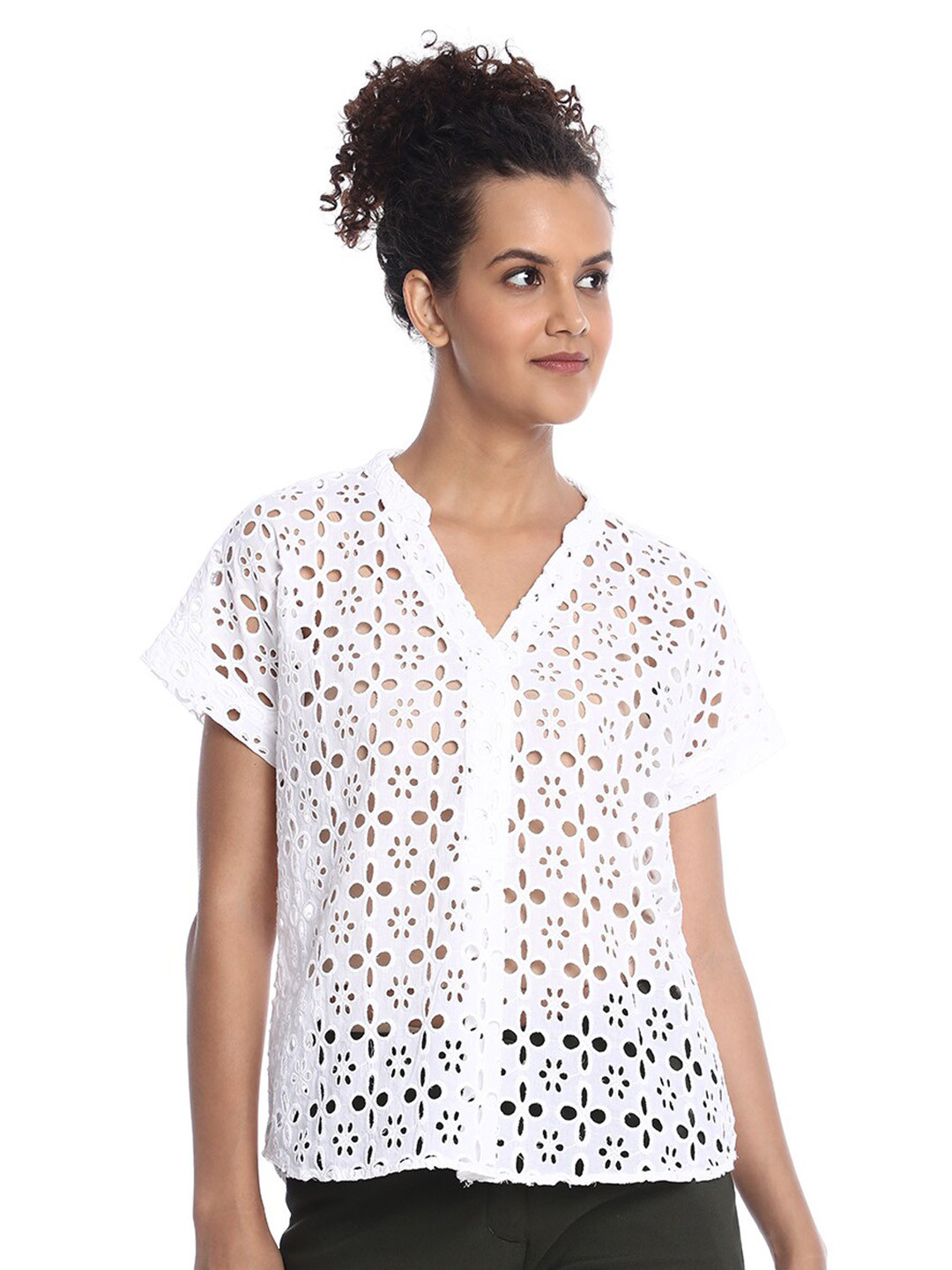 Gazillion Shiffli Edgy Mandarin Collar Pure Cotton Shirt Styled Top